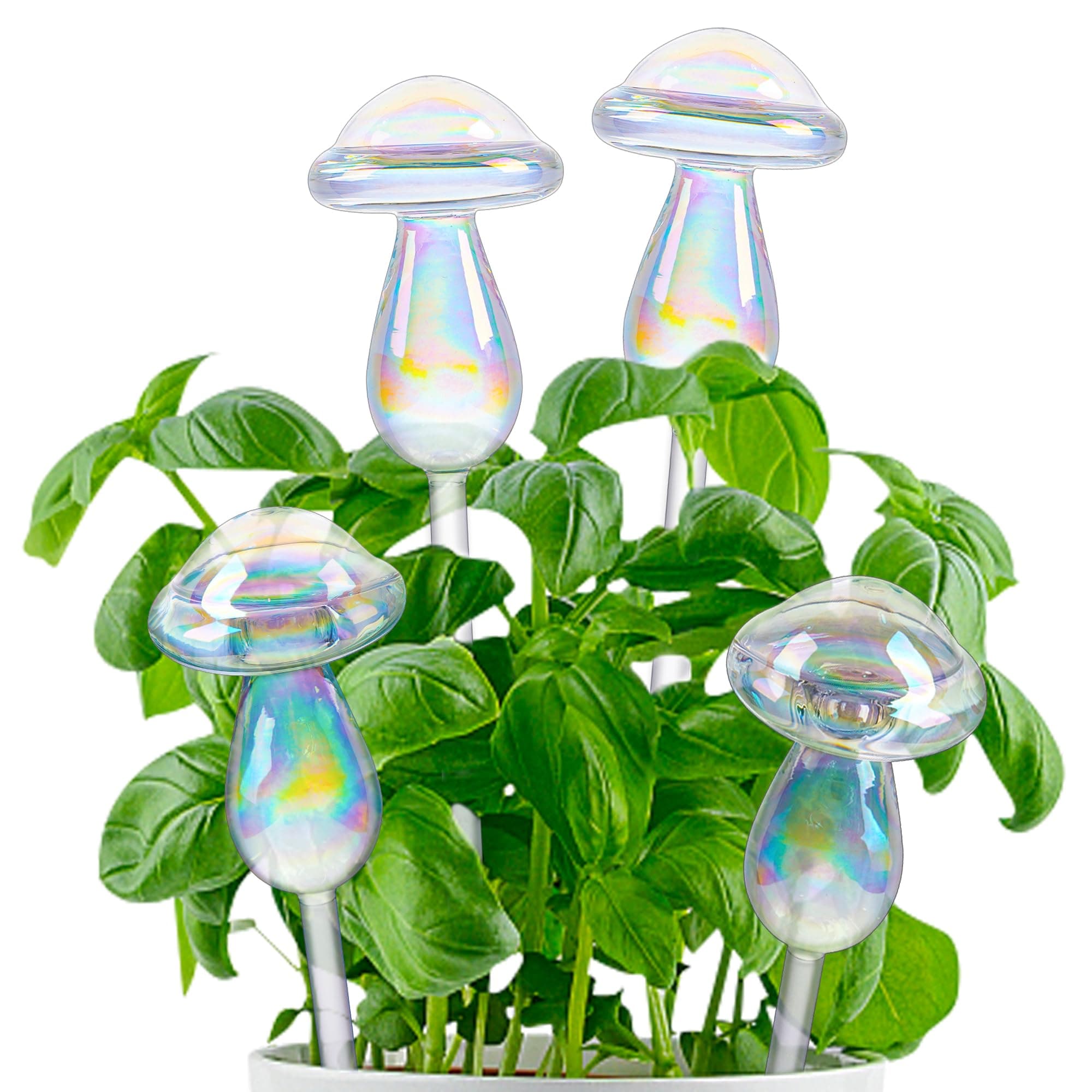 Plant Watering Globes -4 Pack Iridescent Rainbow Gradient Color Clear Mushroom Self Watering Spikes-Plant Watering Bulbs Devices for Indoor and Outdoor Plants - Measures 9" L x 2.7" D