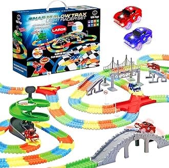 Glow Race Tracks for Boys – 360pk Light Up Snap N’ Glow in The Dark Magic Rainbow Race Tracks for Kids w/ Light Up Car Toys, Slot Car Racing Track Set