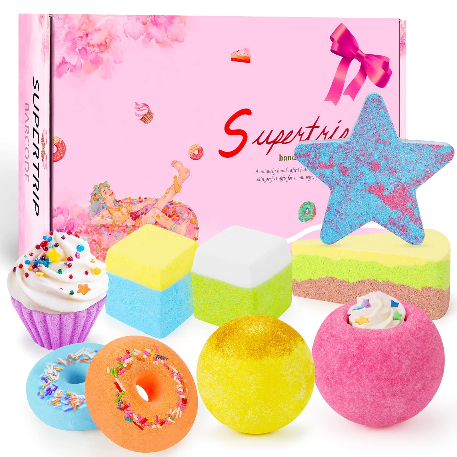 Supertrip Bath bombs Gift Set,9 Natural Bath Bombs Handmade Bubble Spa Kit Birthday Valentines Mother's Day Anniversary Christmas Gifts for Women Girls and Kids