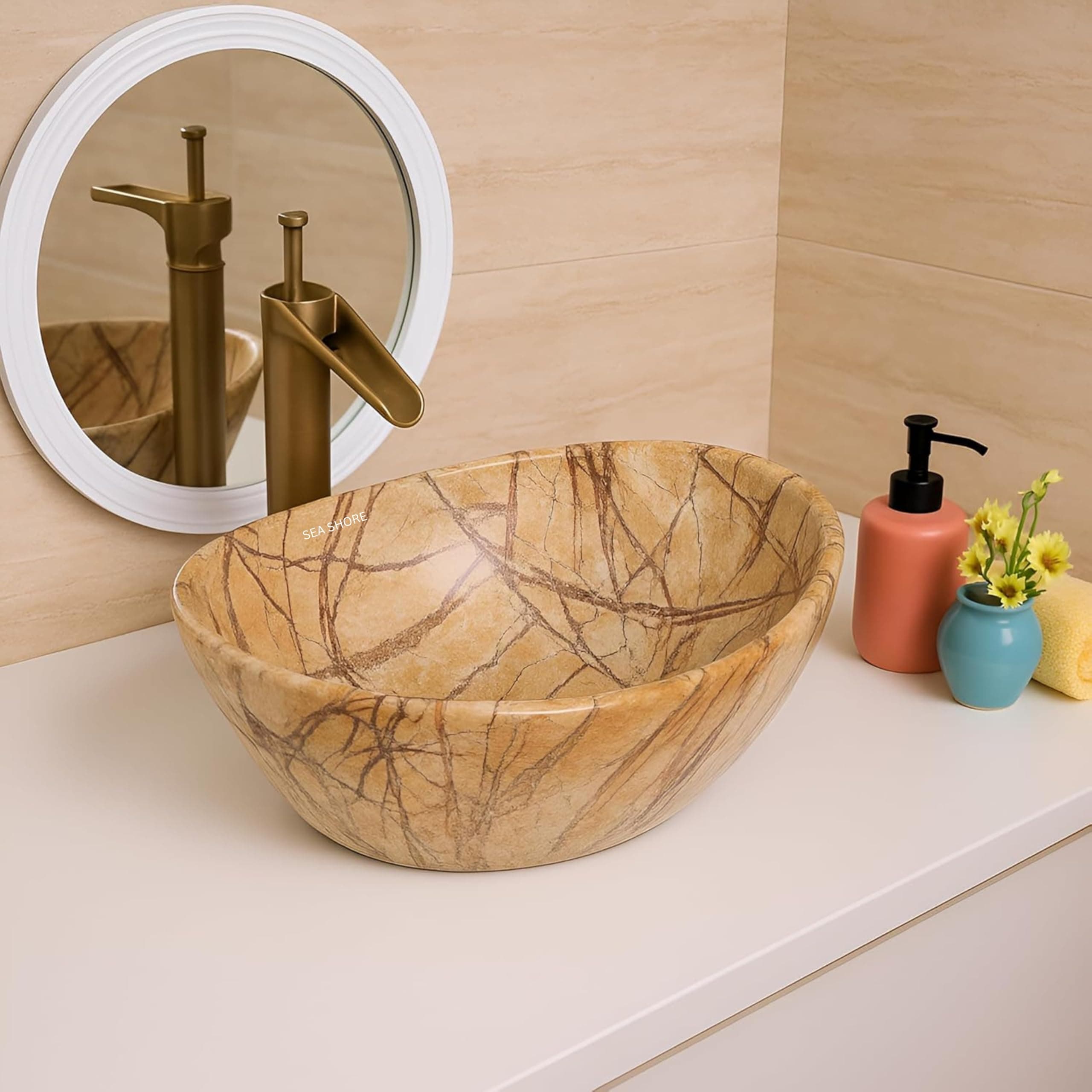 SEA SHORE Imported Premium Designer Ceramic Table Top Wash Basin – Over Counter Vessel Sink with Slim Rim for Bathroom (16 x 12 x 5.5 Inch, Brown)