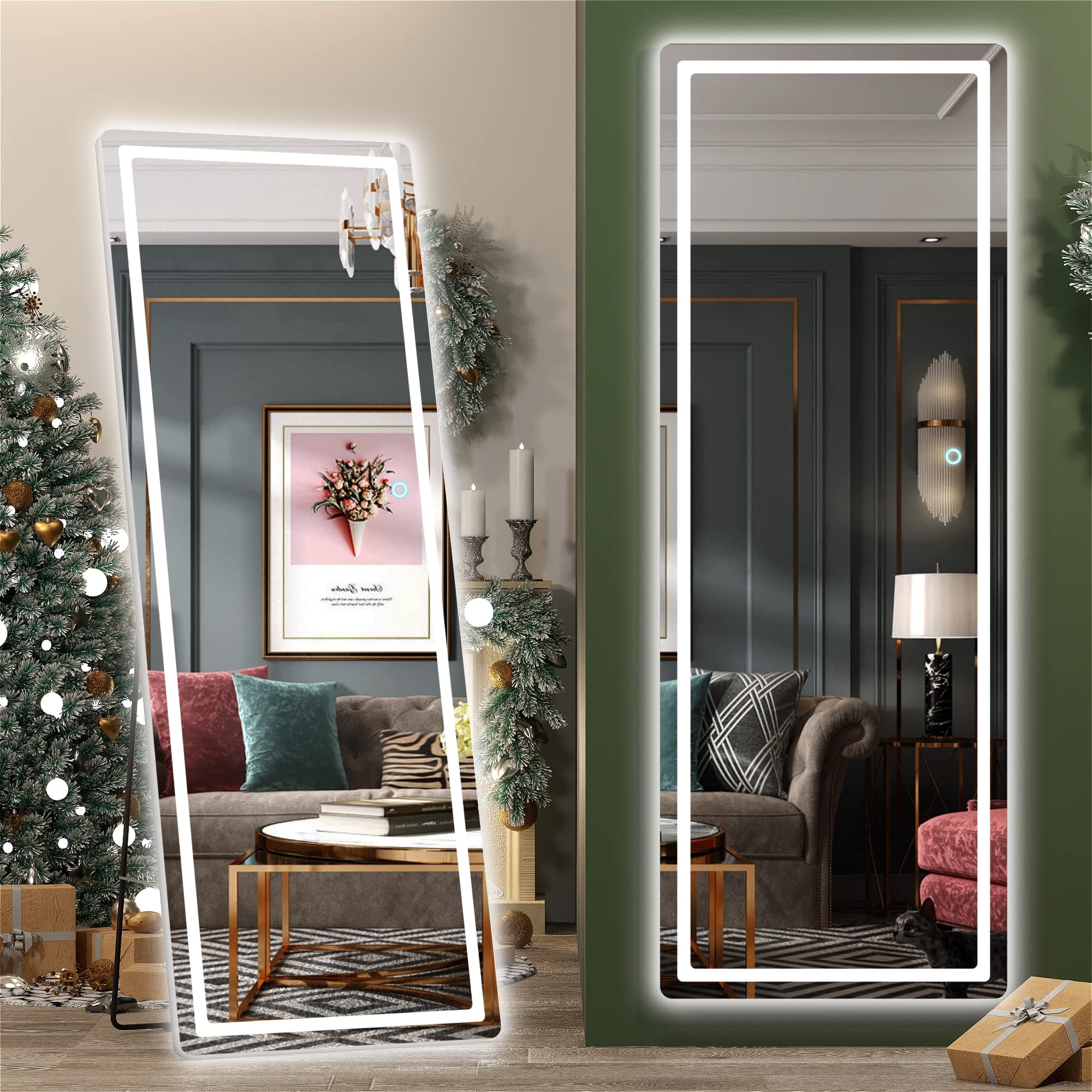 Hasipu 65" x 22" Lighted Floor Standing LED Mirror, Full Length, Full Body Mirror with Dimming & 3 Color Lighting