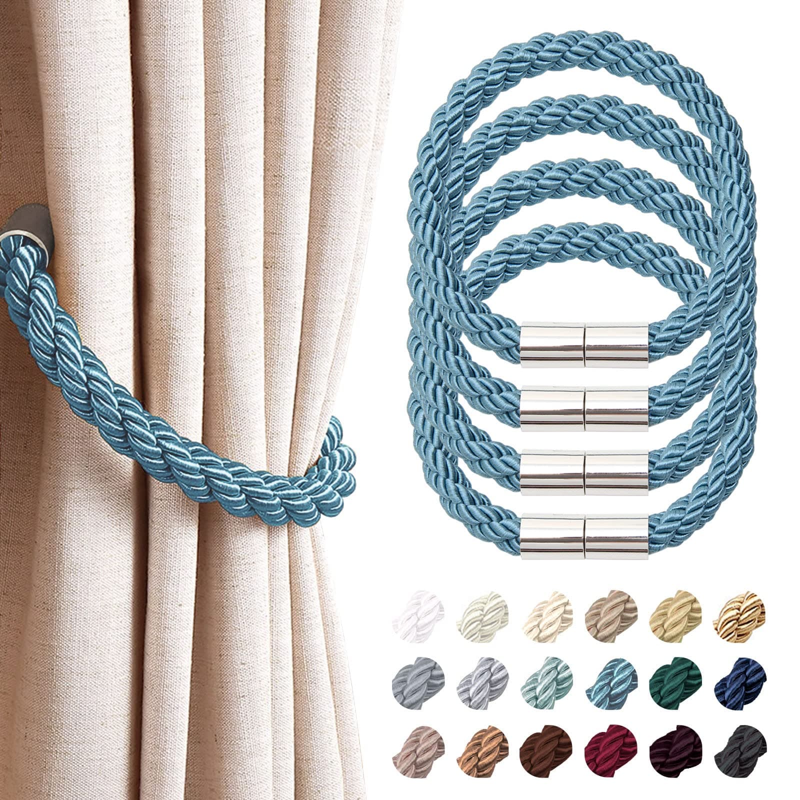 NICEEC 4 Pack Strong Magnetic Curtain Tiebacks Modern Simple Style Drape Tie Backs Convenient Decorative Weave Rope Curtain Holdbacks for Thin or Thick Home & Office Window Draperies (Teal)