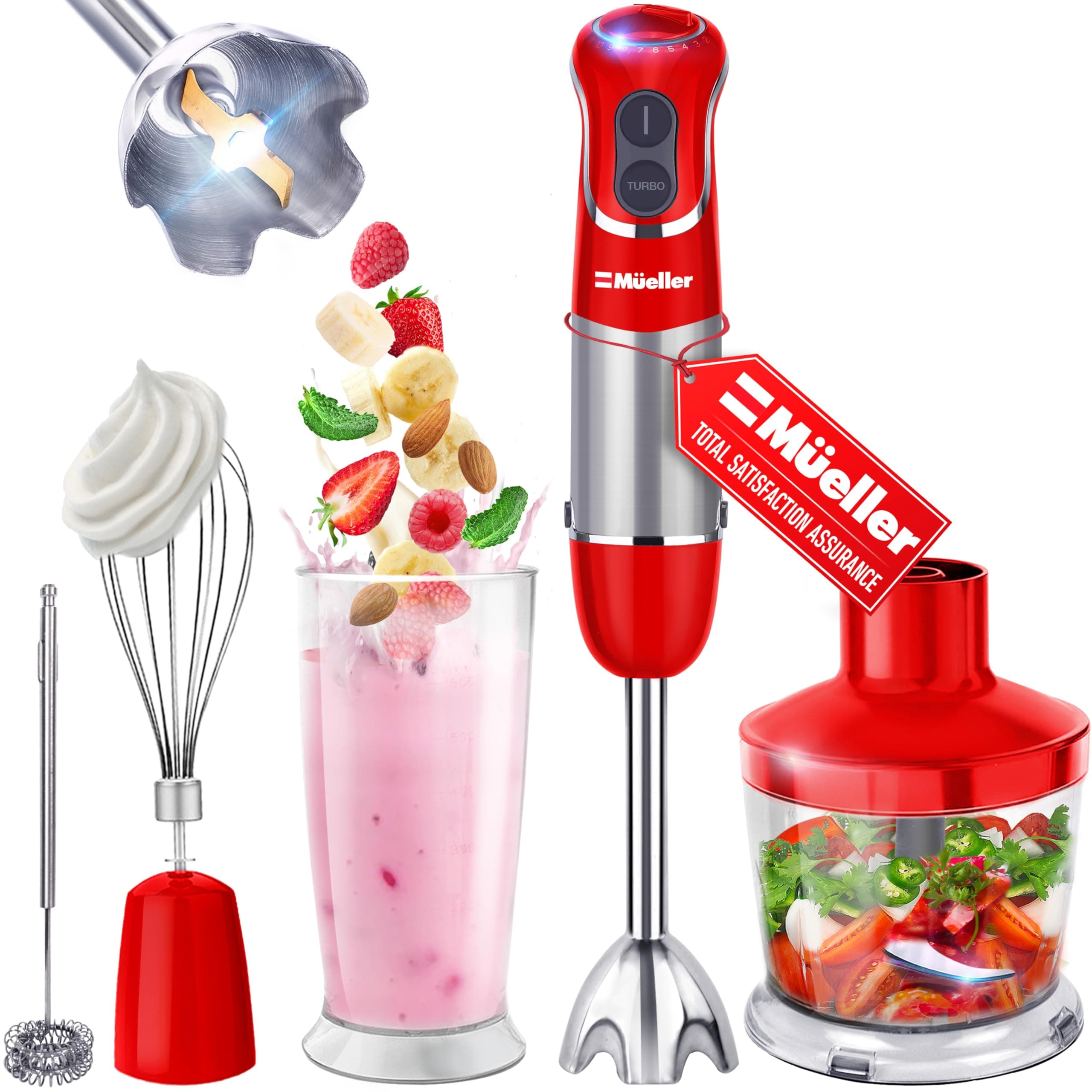 Mueller Multistick 800W 4-in-1 Immersion Blender Handheld, 12 Speed Hand Mixer - Turbo Boost, Heaviest Duty Copper Motor, Titanium Blades Hand Blender, Milk Frother Wand, Whisk, Beaker, Chopper, Red