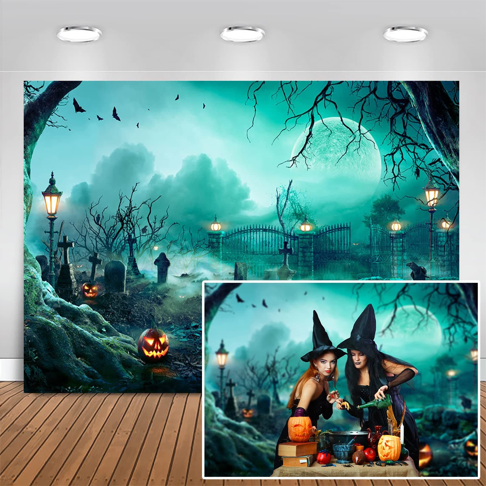 Mocsicka Halloween Backdrop Horrible Graveyard Moon Night Background Scary Pumpkin Tombstone Backdrop Halloween Party Decoration Banner Fall Backdrops for Photography (7x5ft (82x60 inch))