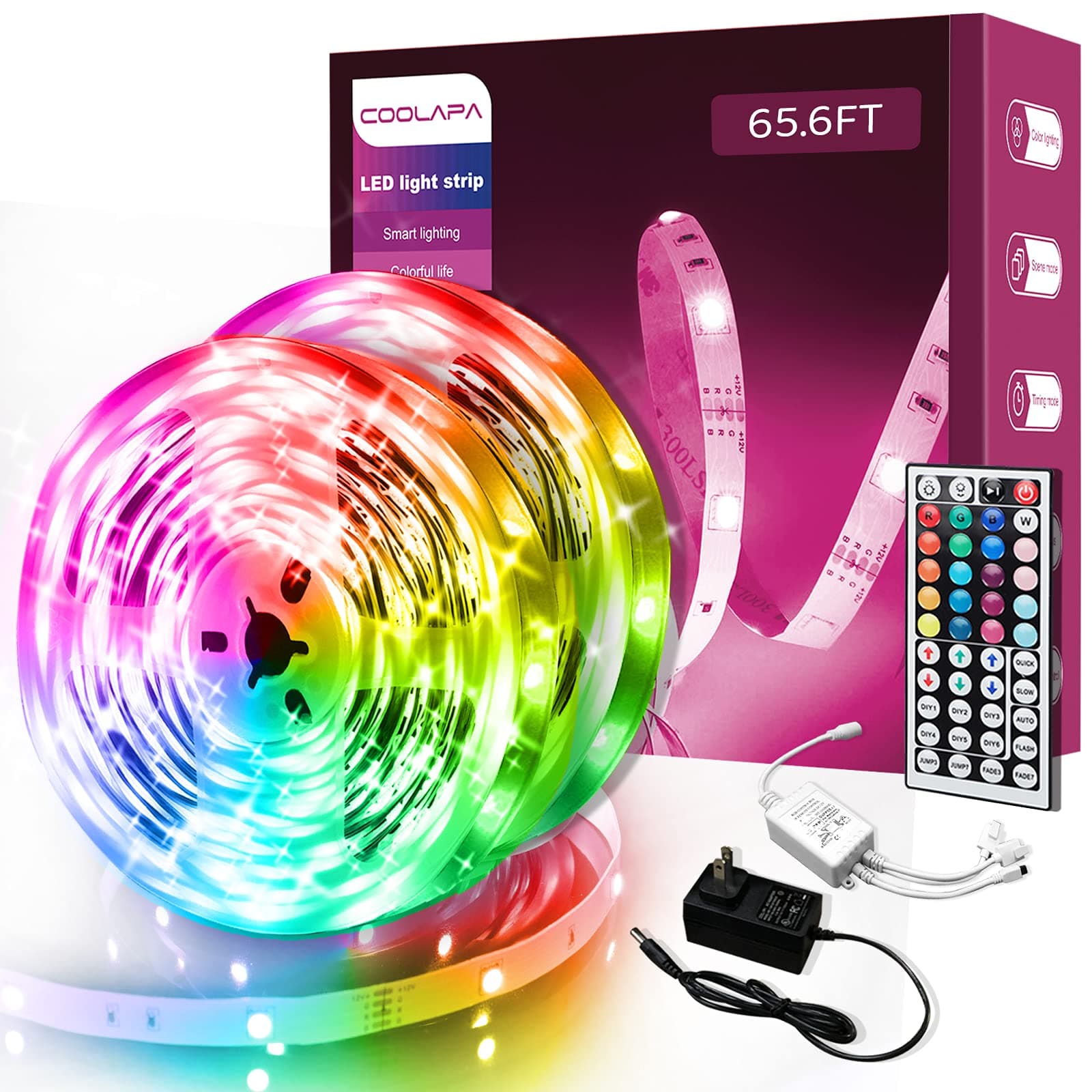 65.6ft Led Strip Lights, COOLAPA Long Light Strips Color Changing LED Light Strips with 44 Keys IR Remote Control, 12V 5050 RGB, for Bedroom, Home Kitchen, Holiday Decoration, 2 Rolls of 32.8ft
