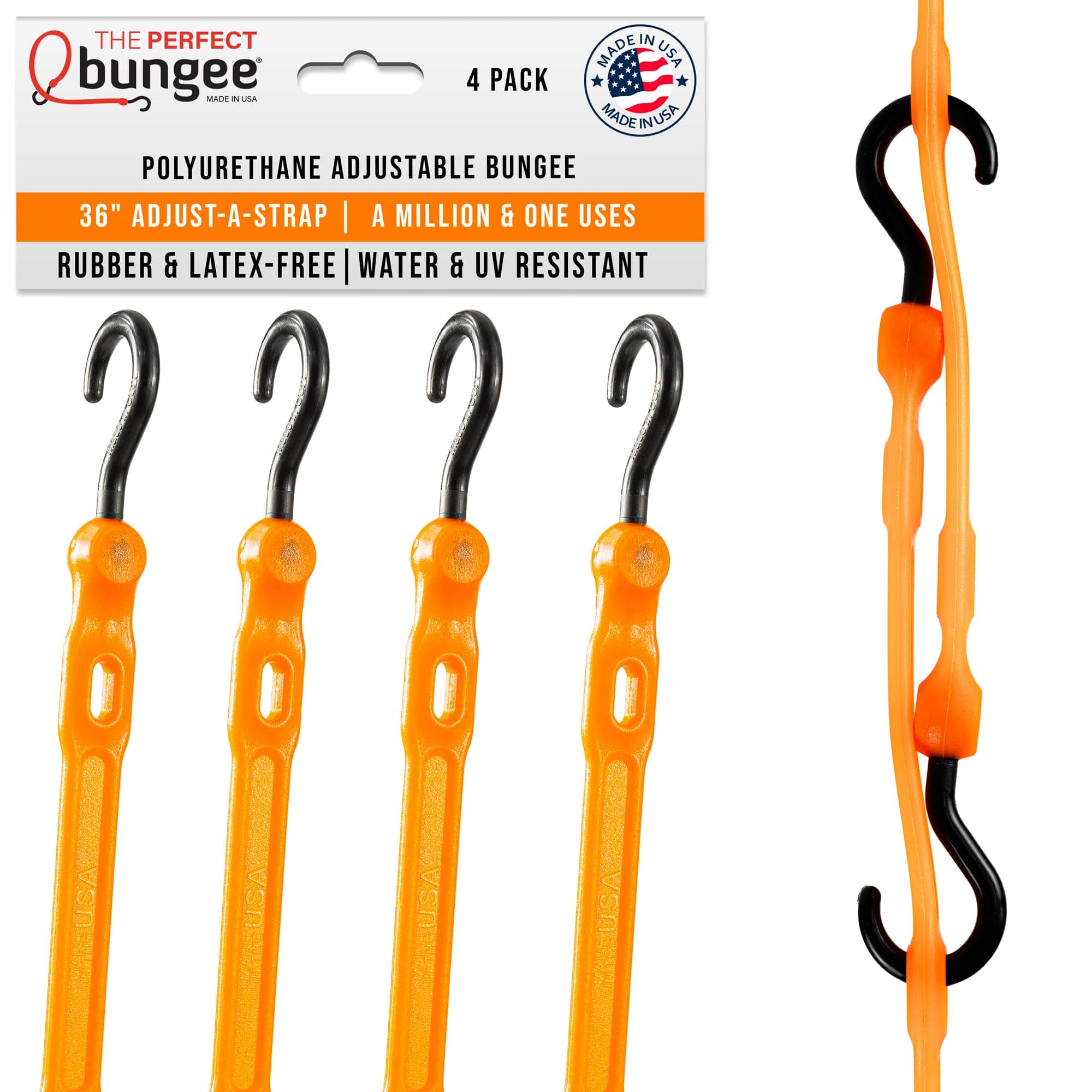 The Perfect Bungee 36" Adjust-A-Strap Rubber Free Poly Bungee with Slotted Holes for Size Adjustment, Stretches Double Length, Non-Scratch Nylon Hooks, UV Resistant, Heavy Duty, All Weather, Made in