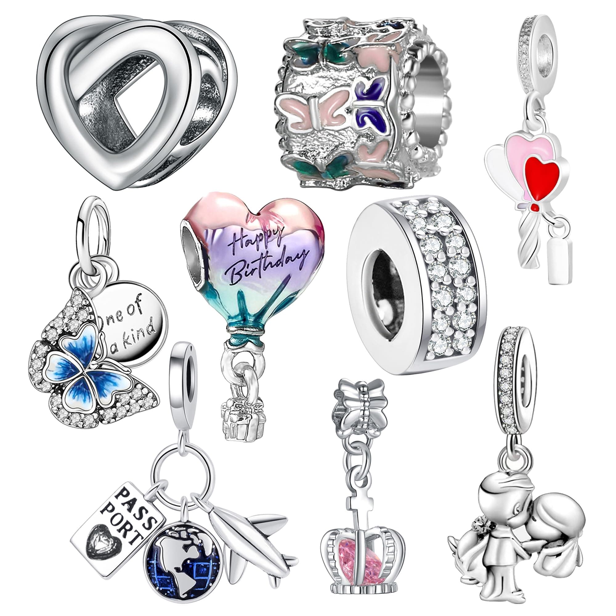 9 Pack Plated Silver Spacer Beads Charms fit Bracelet Dangle Set