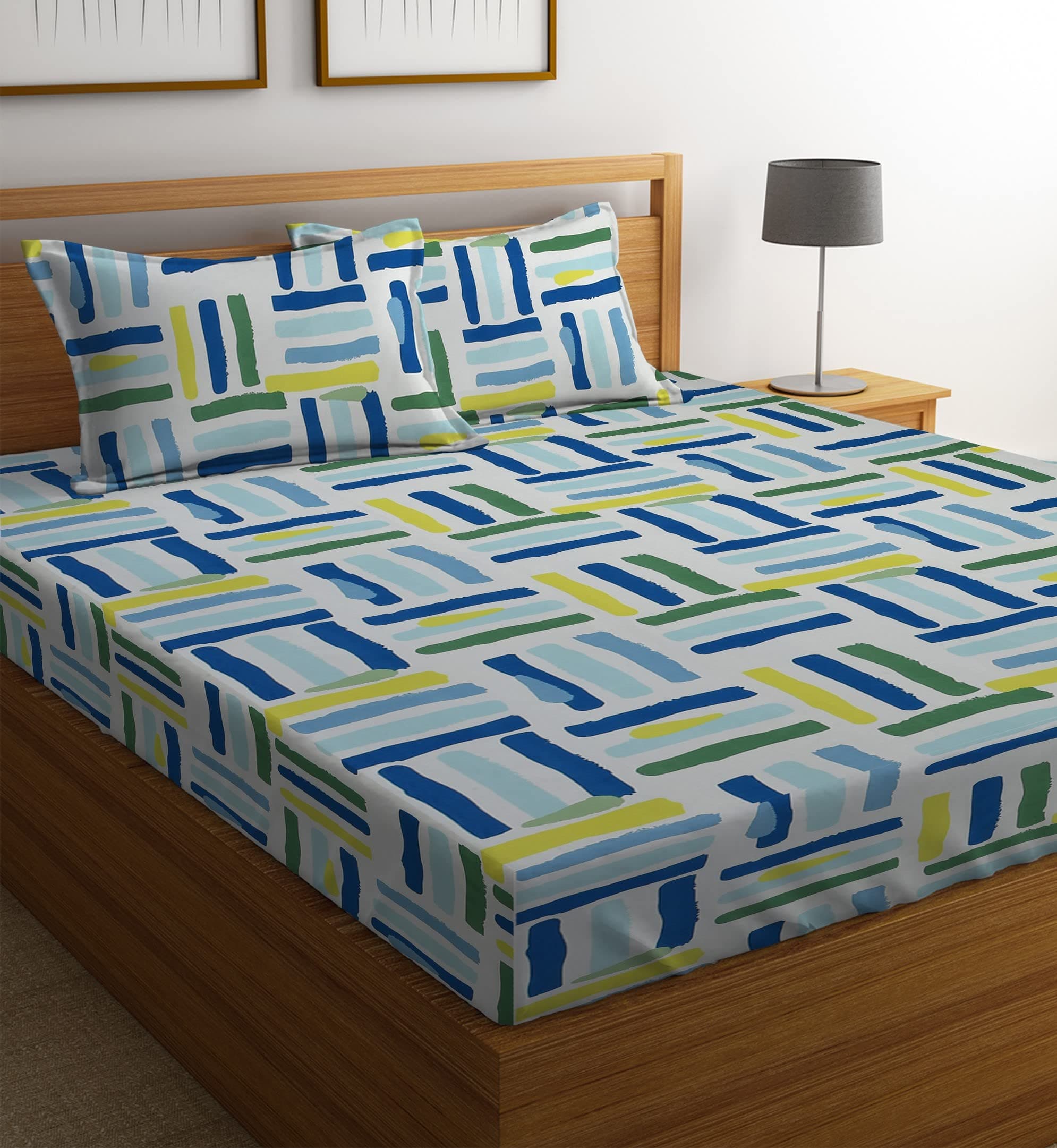 BSB HOME Premium Cotton Elastic Fitted Bedsheets with 2 King Size Pillow Covers | Double Bed with All Around Elastic 180 TC Supersoft | Size - King Size 72x78+10 inches | White and Green