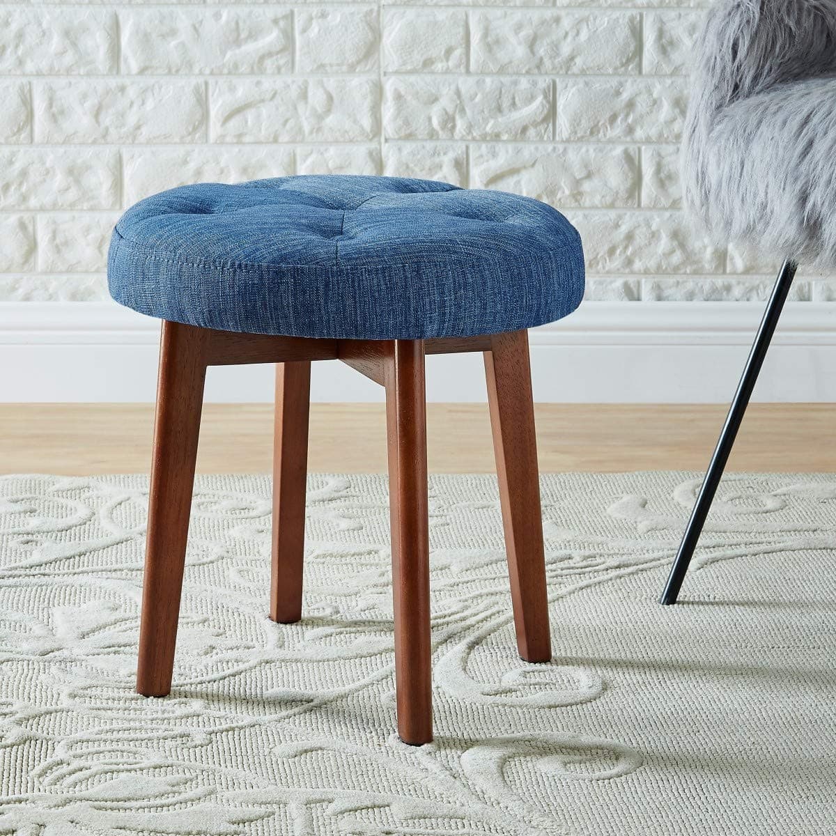 24KF Linen Tufted Round Ottoman with Solid Wood Leg, Upholstered Padded Stool - Blue