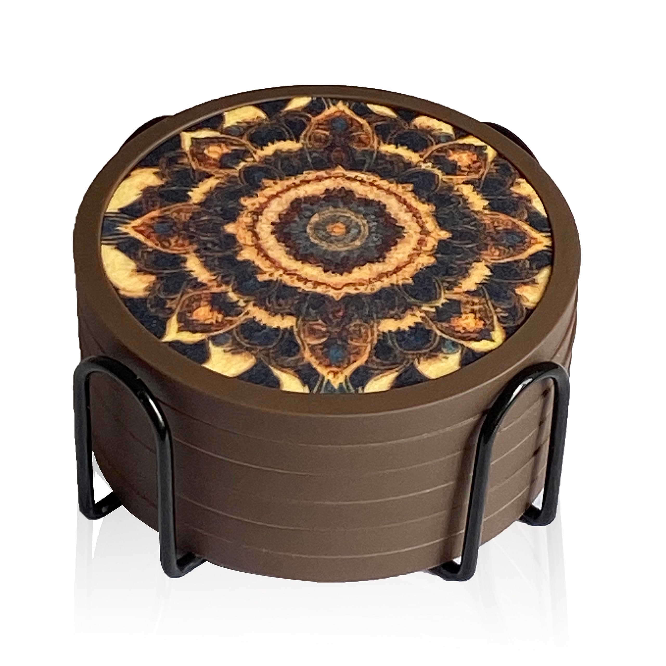 Absorbent Coasters for Drinks with Holder - 6packs, Silicone Coaster with Soft Felt Insert (4.3 inch Coasters with 4.5 inch Holder, Dual-Sided Mandala -Themed Patterns)