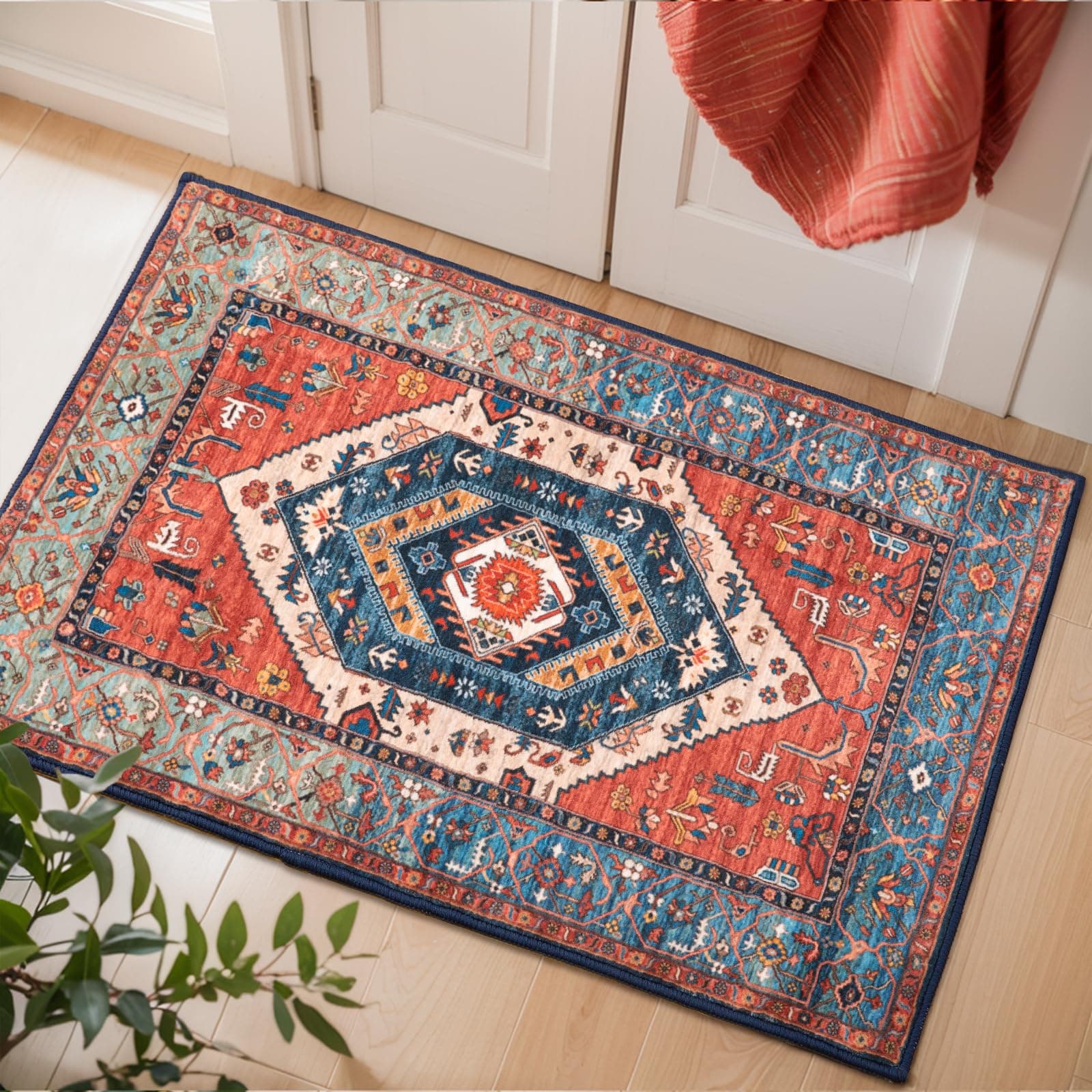 Boho Rugs for Entryway, 2x3 Rust Entryway Rug Non-Slip Washable Small Area Rug, Ultra Soft Oriental Vintage Low-Pile Indoor Door Mat Floor Carpet for Entrance Bedroom Kitchen Bathroom