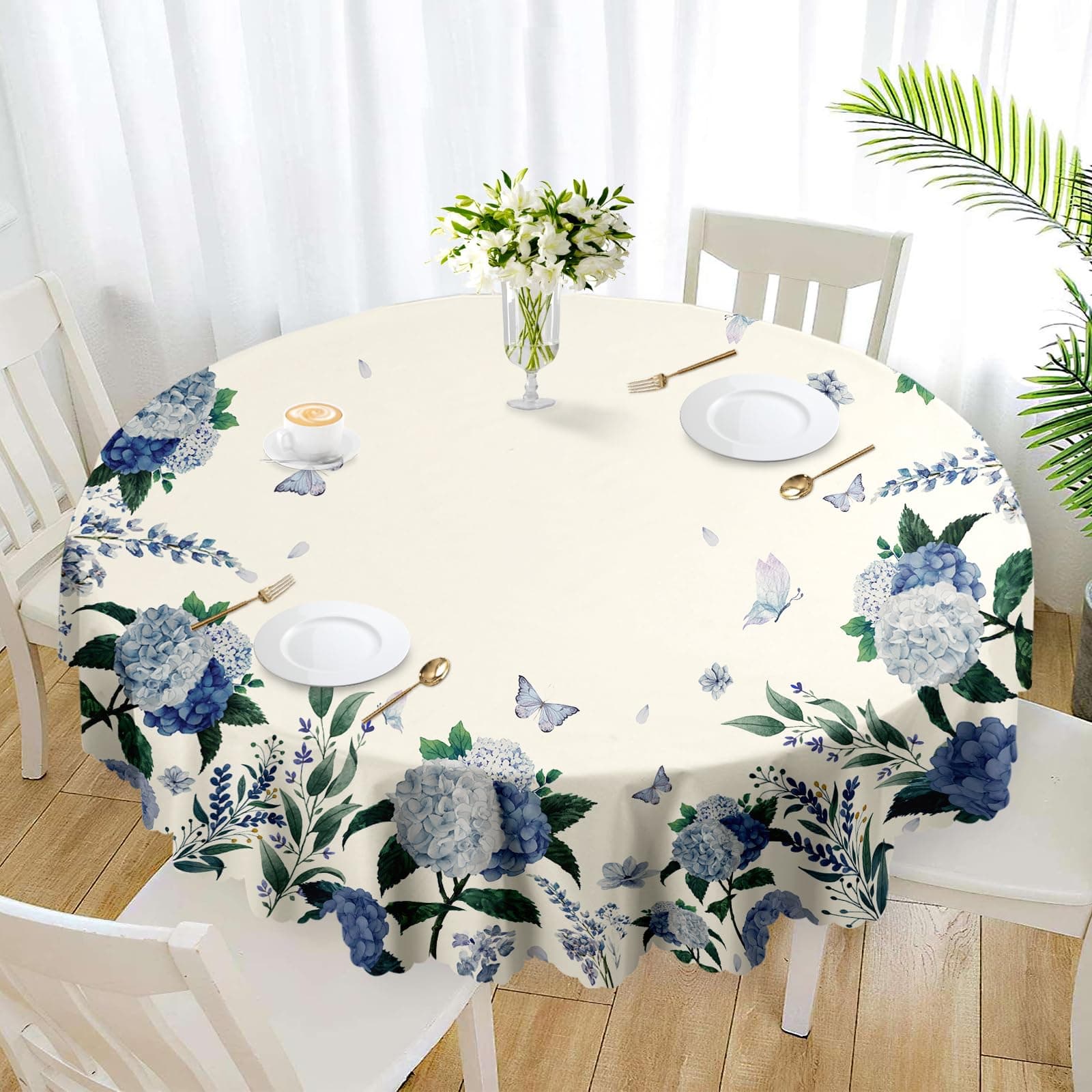 Eikione Round Tablecloth, Summer Tablecloths Polyester Waterproof Stain Wrinkle Free, Indoor and Outdoor Table Cover for Kitchen Party Dining Table