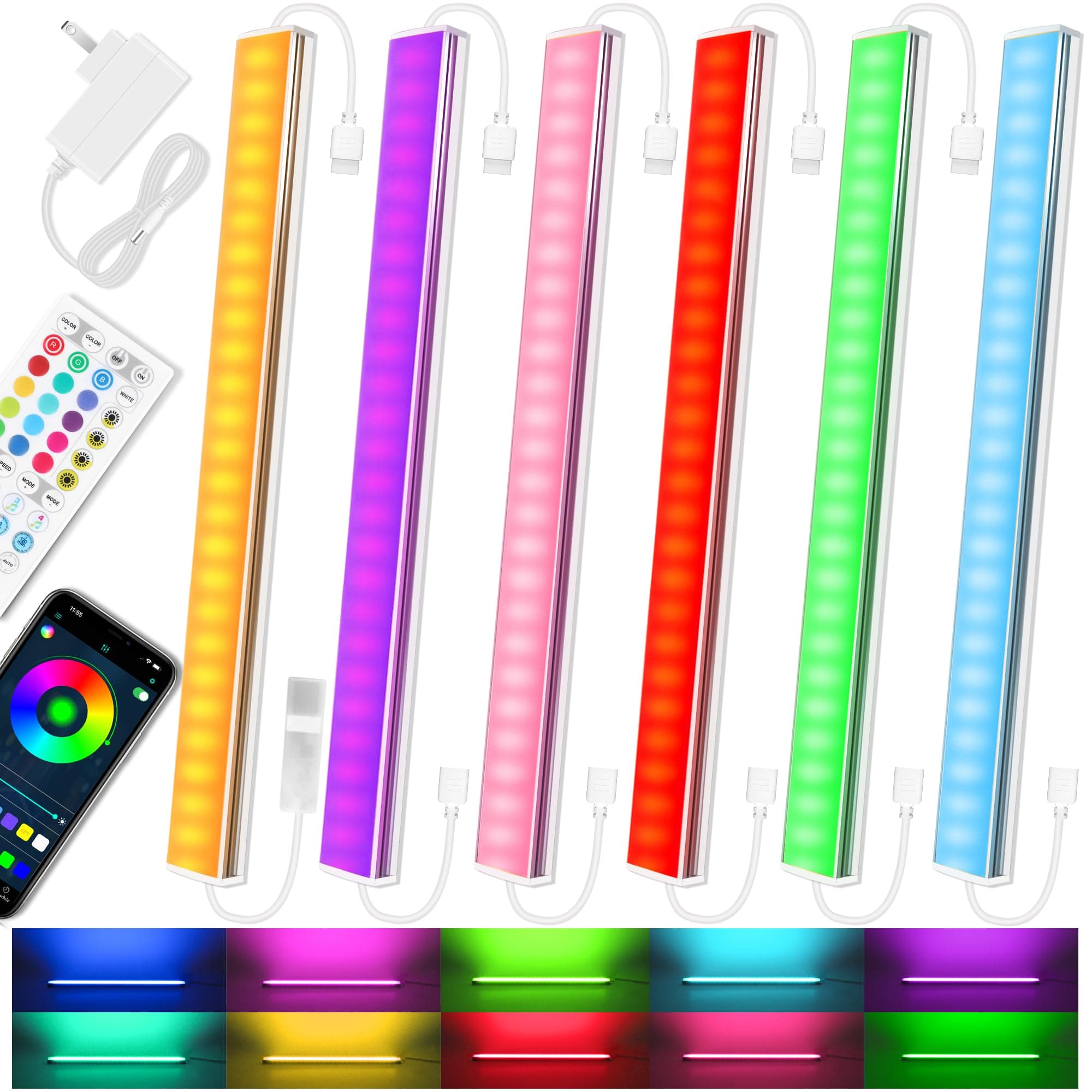 Benreom 6 Pcs RGB Under Cabinet Lights Kit, Smart App and Remote Control Under Cabinet Lighting, Dimmable Under Counter Lights for Kitchen, Plug in LED Lights Bar for Cabinet, Counter, Workbench, Desk