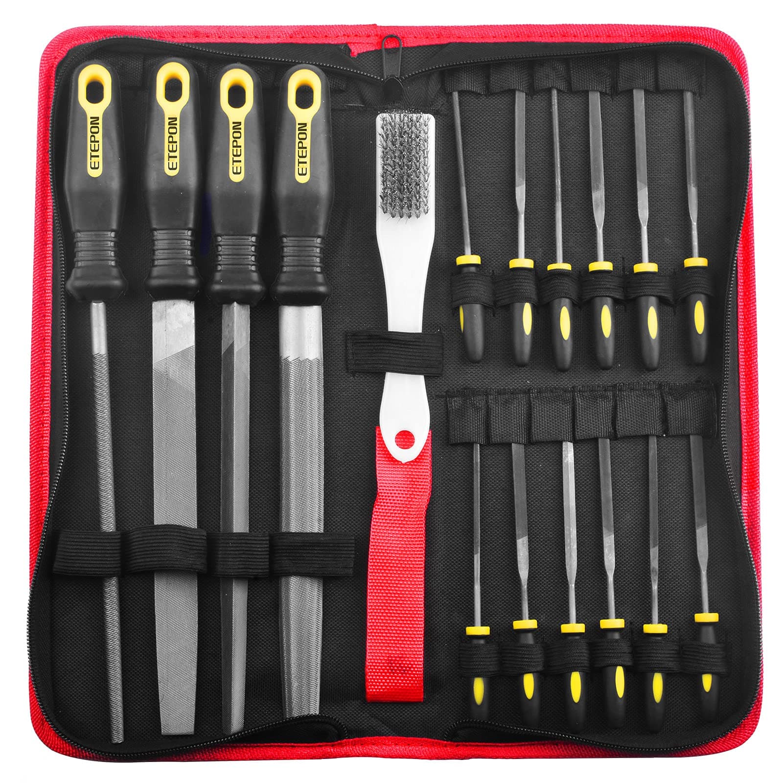ETEPON 18pcs Metal File Set, 4 Flat,Half-Round,Round,Triangle Files, 12 Needle Files, Cleaning Brush & Carrying Case for Woodwork Metal Model Hobby Applications ET031