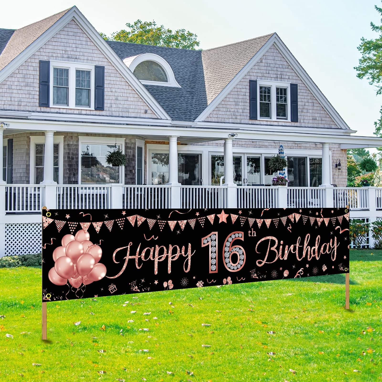 Happy 16th Birthday Banner Decorations for Girls, Rose Gold Sweet 16 Birthday Party Supplies, Funny Sixteen Birthday Yard Sign Decor for Outdoor