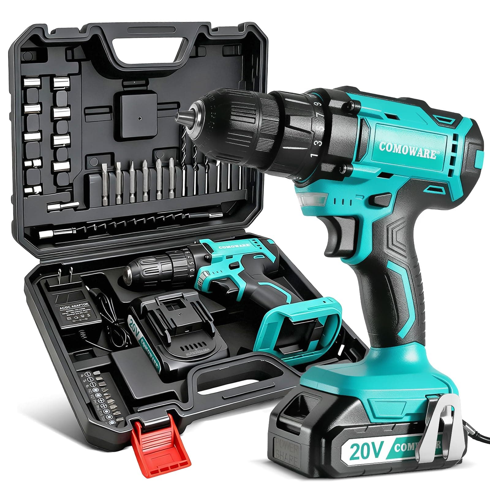 COMOWARE 20V Cordless Drill, Electric Power Drill Set with 1 Battery & Charger, 3/8" Keyless Chuck, 2 Variable Speed, 266 In-lb Torque, 25+1 Position and 34pcs Power/Driver Bits