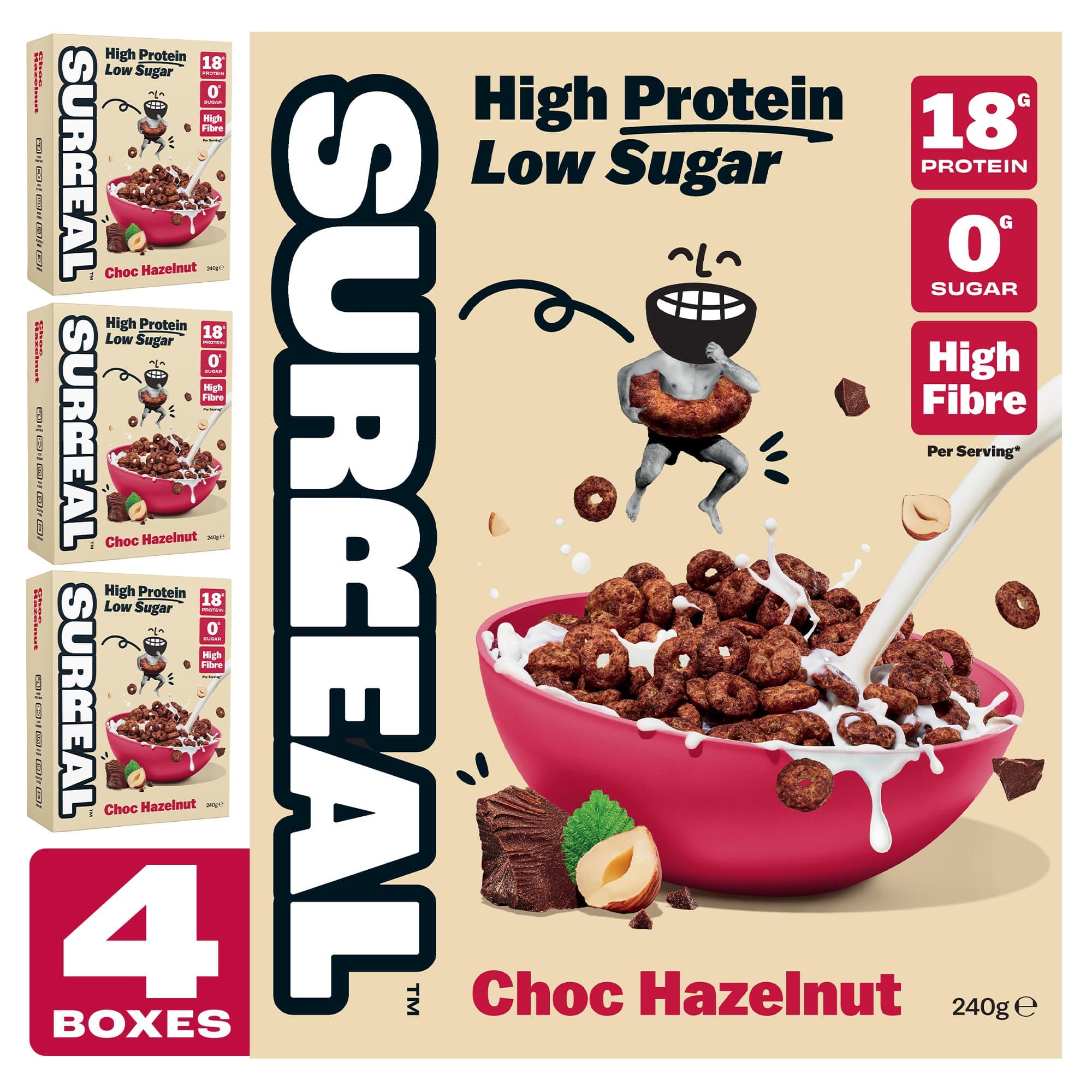 Choc Hazelnut - High Protein Cereal - Zero Sugar- Healthy Plant Based Cereal - High in Fibre - Low Carb - Gluten Free - Vegan - 18g of Protein, 0g of Sugar - 240g per Box - 4 Pack