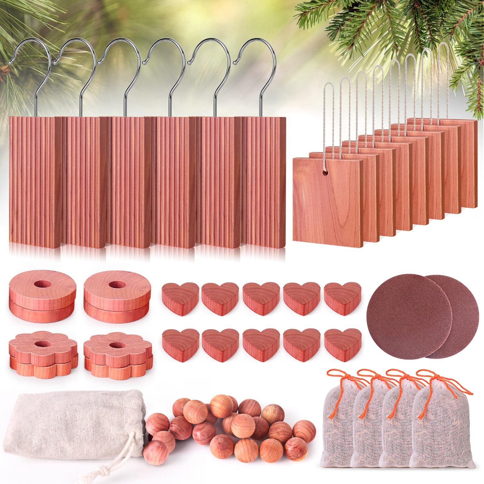 Woodever Cedar Blocks for Clothes Storage 56 Pcs, 100% Aromatic Planks with Metal Hooks, Cedar Wood Chips and Balls for Closets and Drawers, Fresh Scented Sachets