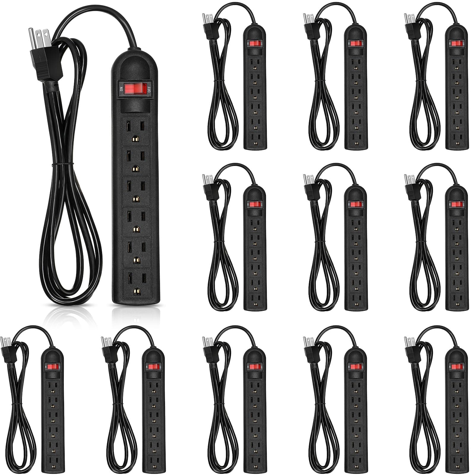 Copkim 12 Pack 6 Outlet Power Strip Surge Protector 6 ft Long Flat Plug Electrical Extension Cord with Multiple Outlets for Home Office, Black