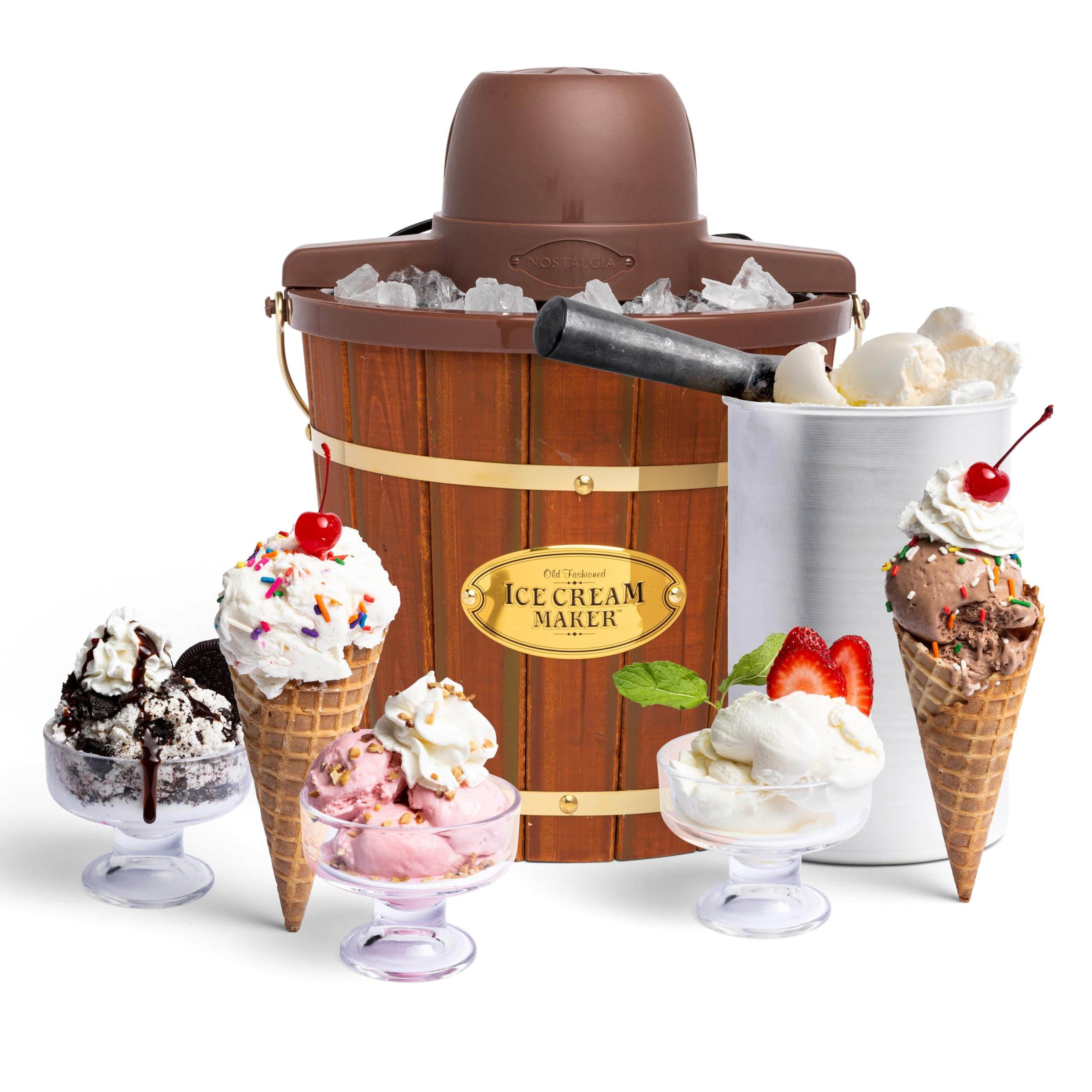 Nostalgia Electric Bucket Ice Cream Maker with Easy-Carry Handle, Makes 4-Quarts in Minutes, Frozen Yogurt, Gelato, Made from Real Wood