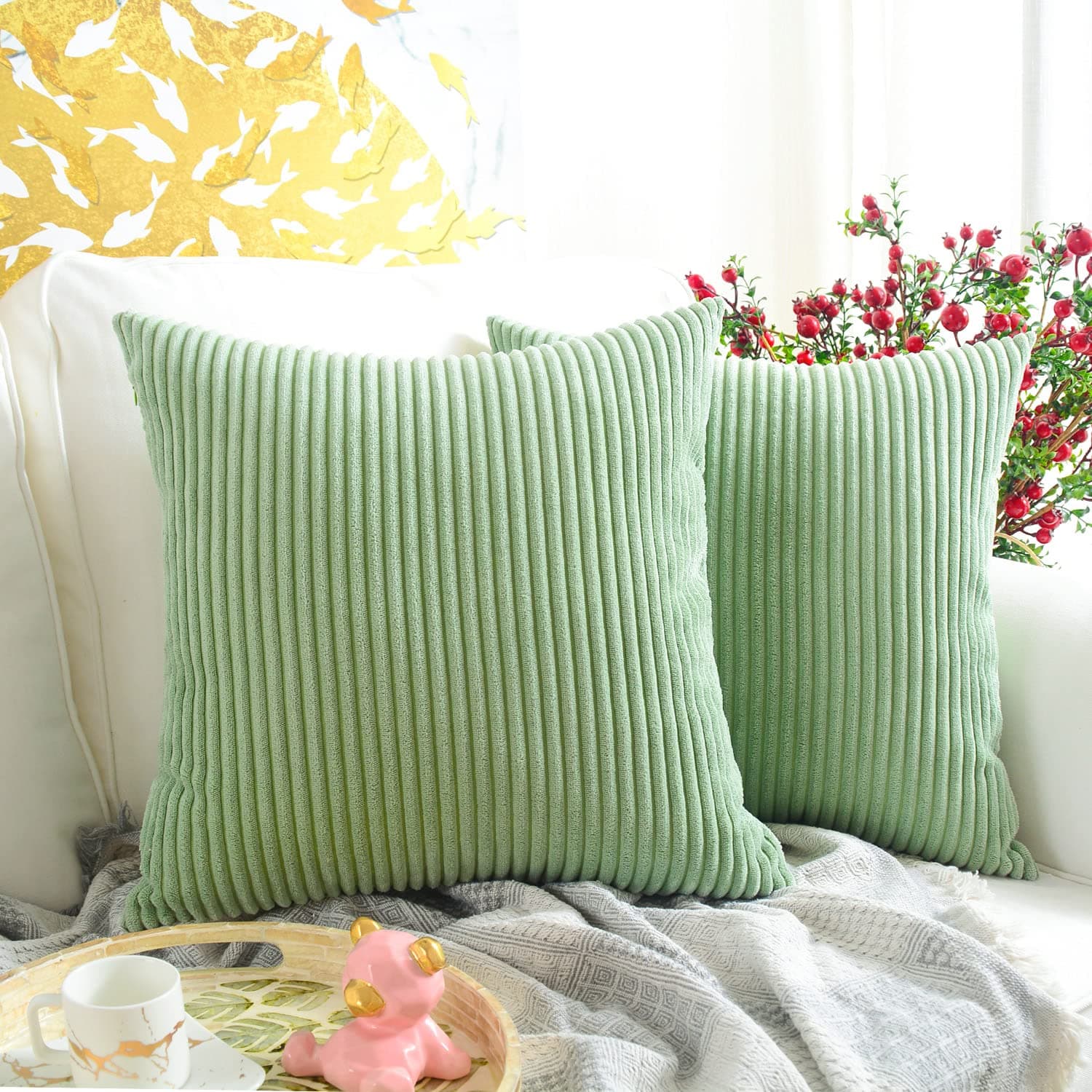 MERNETTE New Year/Christmas Decorations Corduroy Soft Decorative Square Throw Pillow Cover Cushion Covers Pillowcase, Home Decor for Party/Xmas 18x18 Inch/45x45 cm, Bean Green, Set of 2