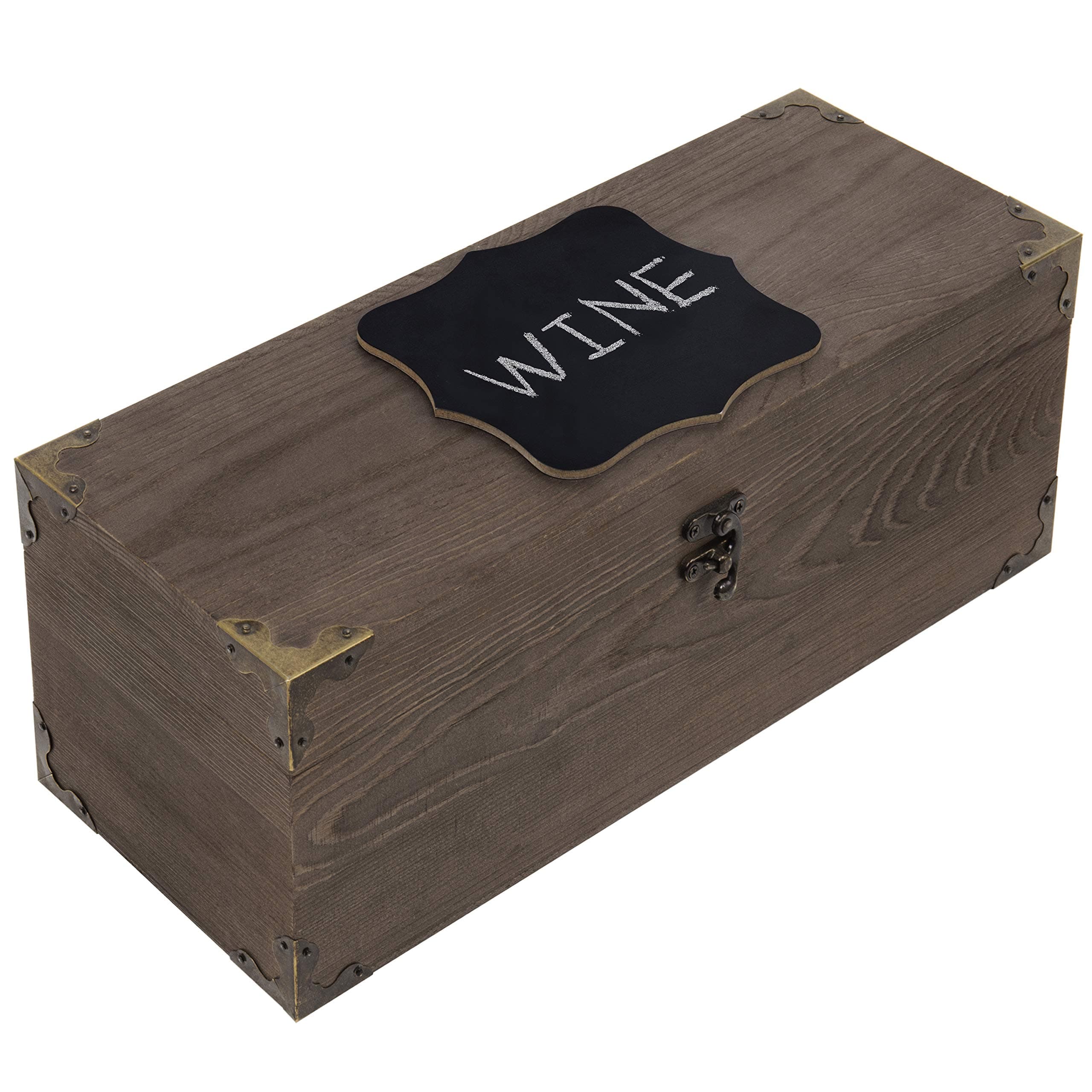 MyGift Rustic Dark Brown Wood Single Bottle Wine Gift Box, Carrying Case with Chalkboard Label and Metal Corner Brackets