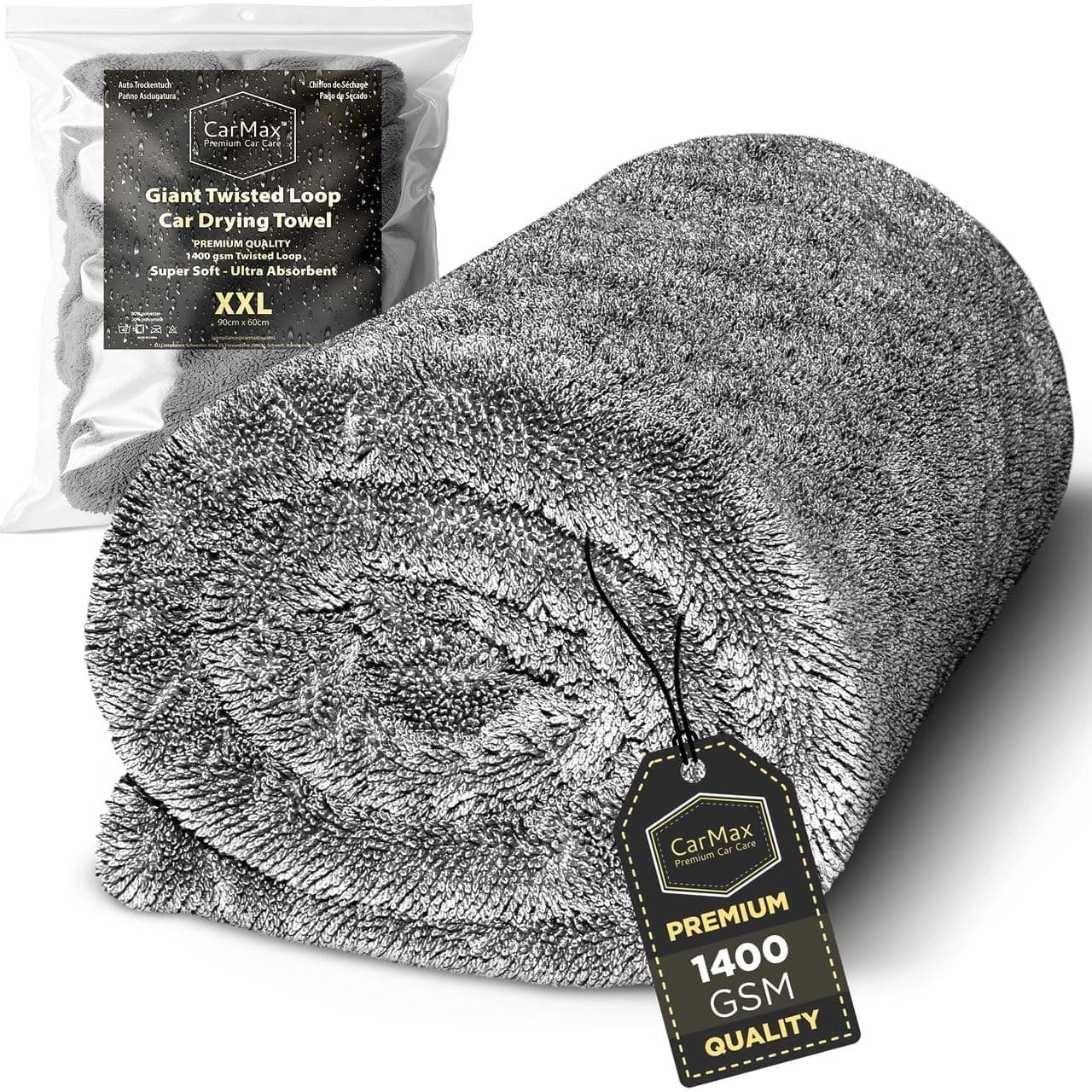 Carmax Premium Car Care - Giant Twisted Loop Drying Towel - Double-Sided XXL - 90cm x 60cm 1400gsm Microfibre Towel for fast streak-free drying and detailing.