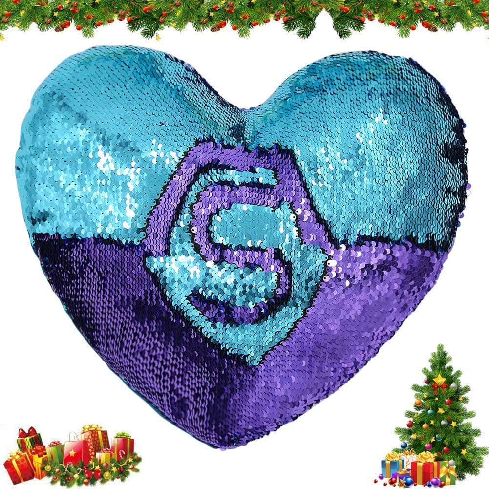 Tomus-UNI Mermaid Sequin Pillow with Insert, 13''×23'' Heart Magic Reversible Sequins Cushion for Home Décor