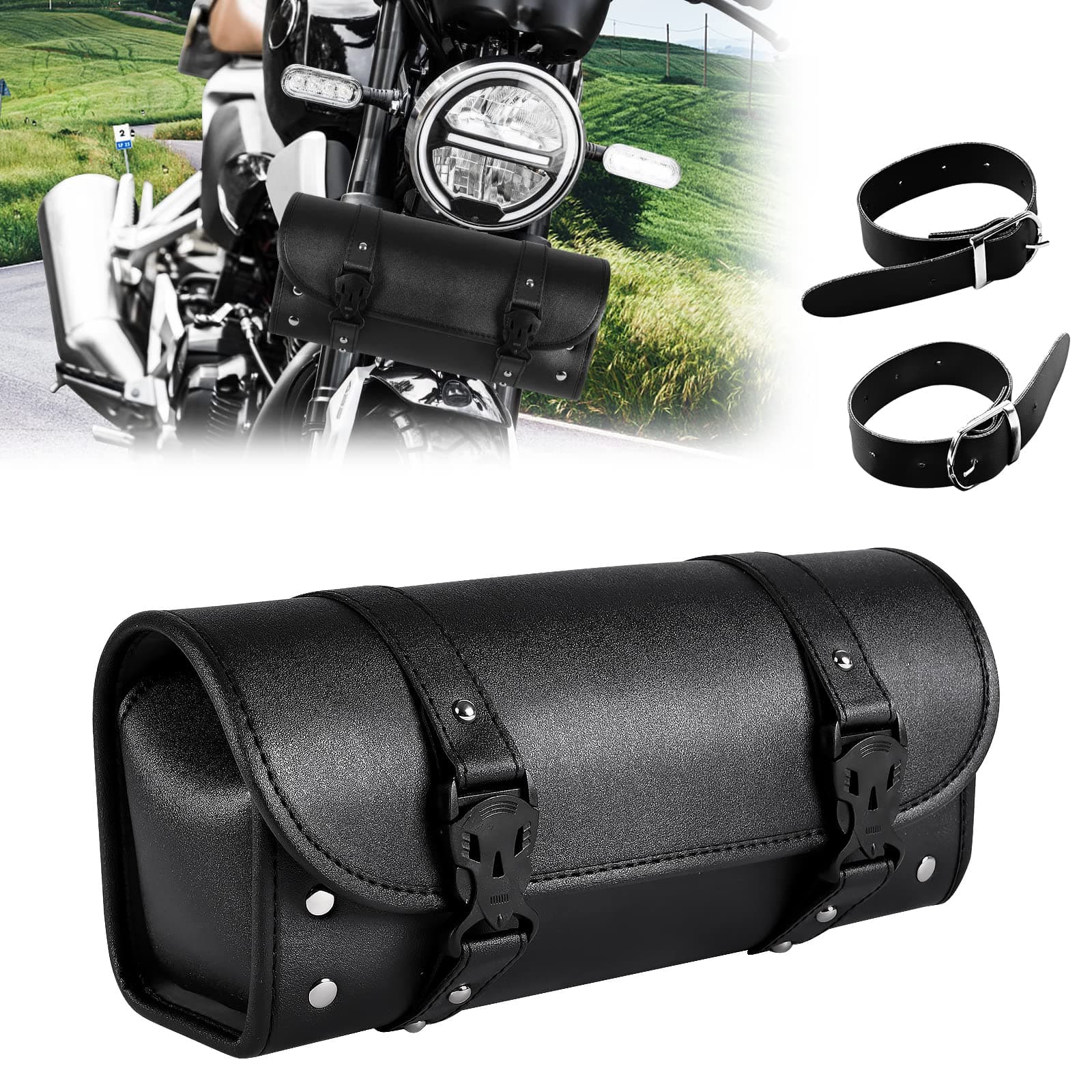 Motorcycle Tool Bag Universal PU Leather Roll Bag Saddlebag Storage Pouch for Handlebar Front Fork, Black