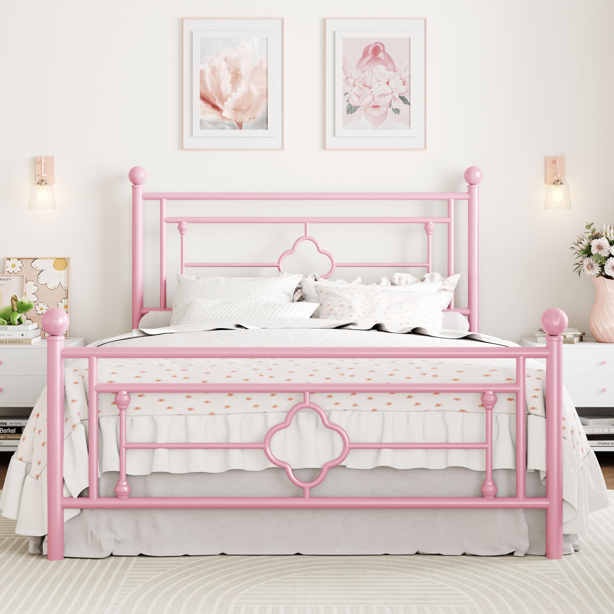 SHA CERLIN 14 Inches Full Size Metal Platform Bed Frame/Vintage Iron-Art Headboard and Footboard/Mattress Foundation for Storage/No Box Spring Needed/Noise-Free/Easy Assembly/Pink