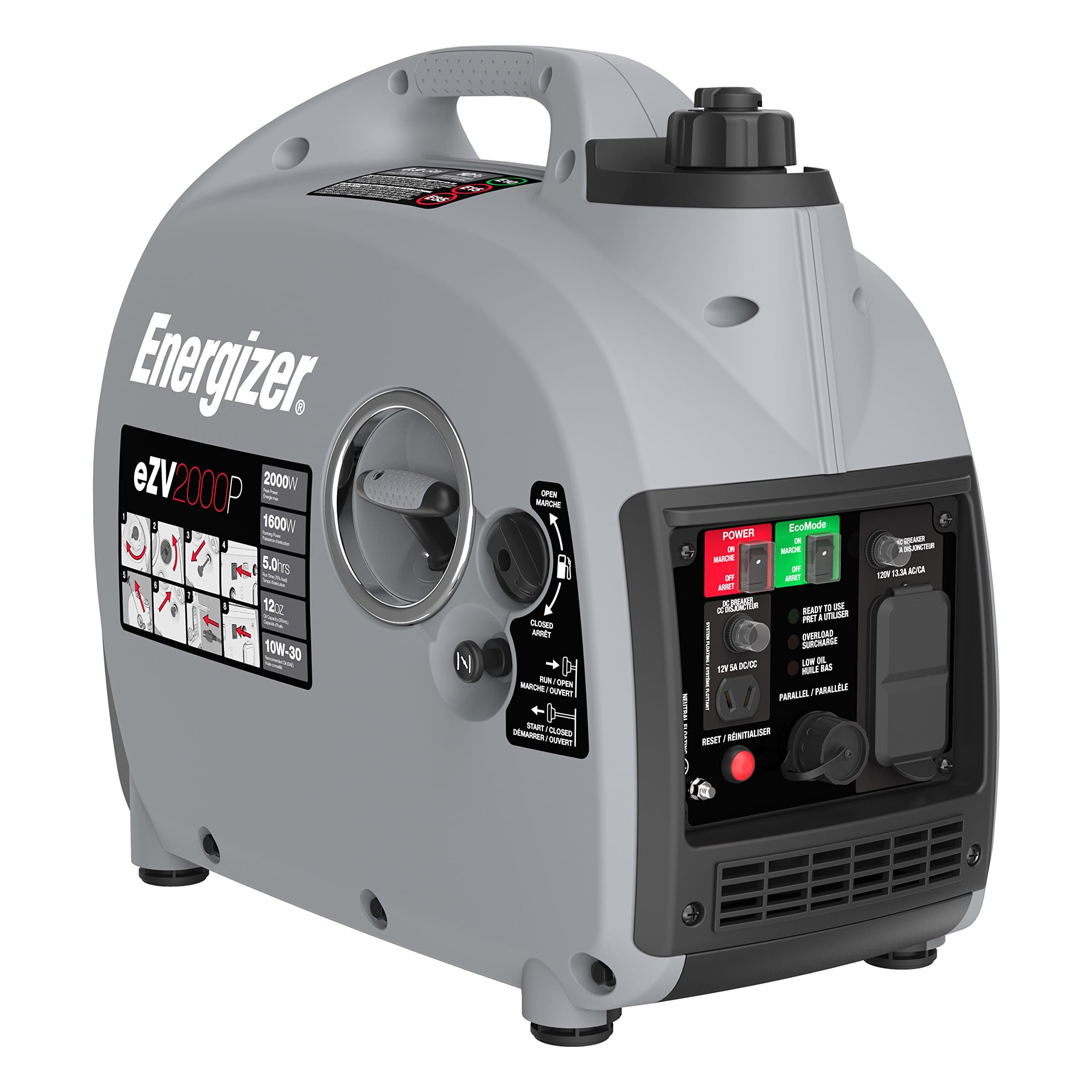 Energizer eZV2000P 2000W Gas Powered Portable Inverter Generator with Parallel Capability, Grey Black