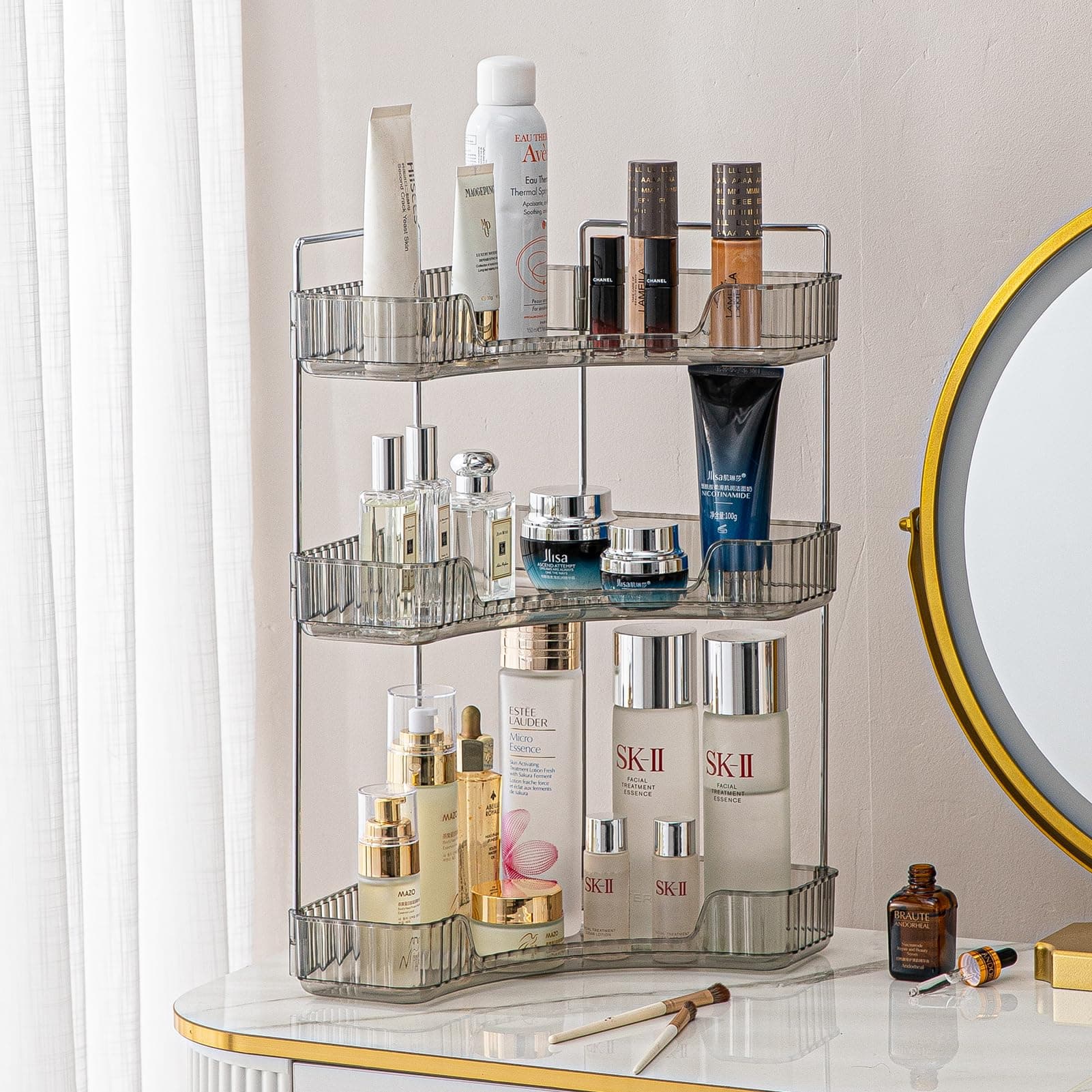 3-Tier Corner Bathroom Counter Organizer – Classic Storage Shelf for Makeup, Perfume & Toiletries, Space-Saving Countertop Tray Fits Bathroom, Dresser, Kitchen (Slate Gray)