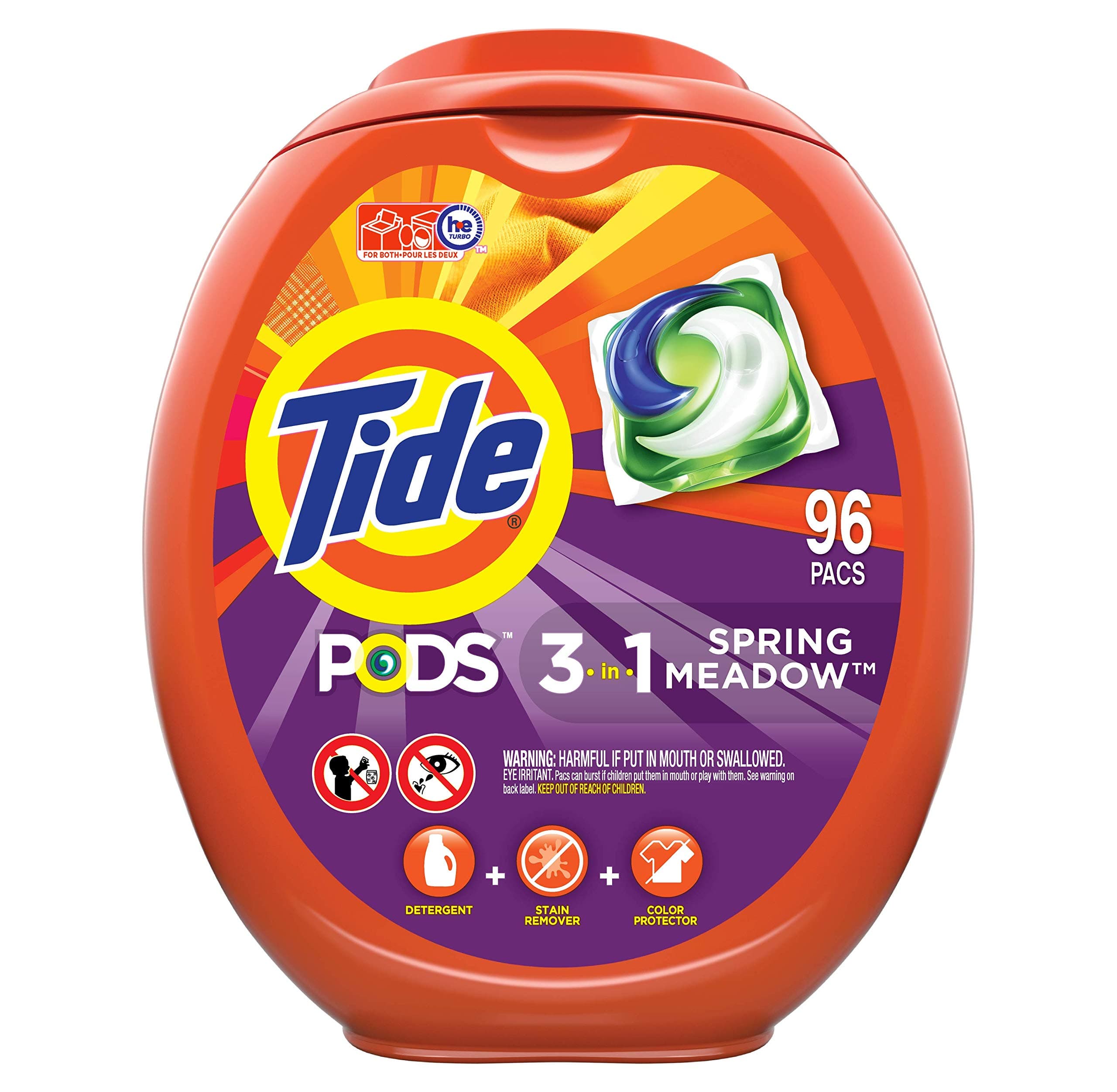 Tide PODS Laundry Detergent Liquid Pacs, Spring Meadow Scent, HE Compatible, 96 Count per pack, 77 Oz Packaging (May Vary)