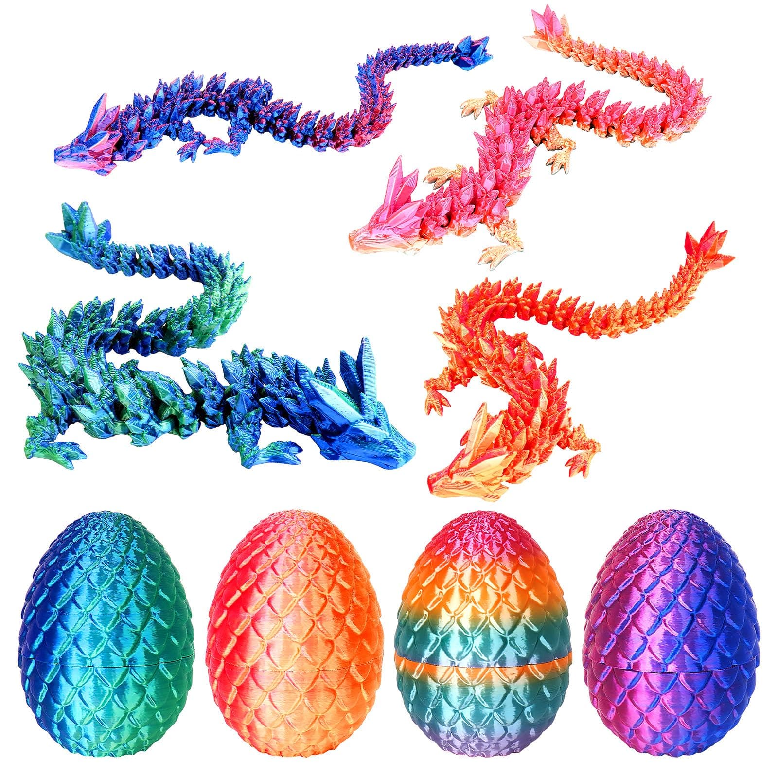 4PCS 3D Printed Dragon Eggs with Dragon Inside, Articulated Crystal Animals Fidget Toy Kid, Small 3D Printer Dinosaur Dino Eggs Toy for Kids Boy Girls (4 Pack-A)