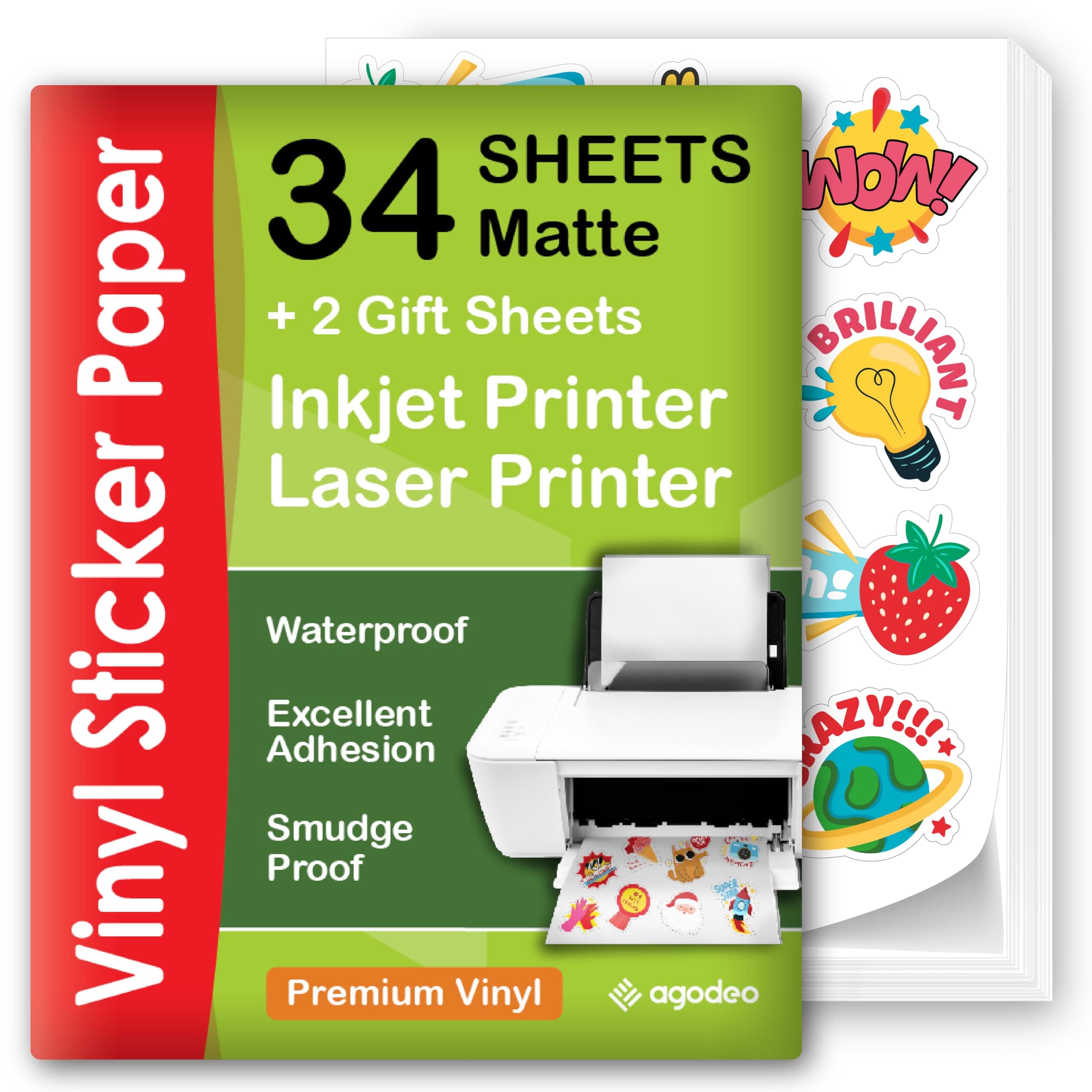 Premium Printable Vinyl Sticker Paper Matte, 34 Sheets White, 8.5-x-11 inches, Matte Finish, Waterproof, Compatible with Inkjet & Laser Printers