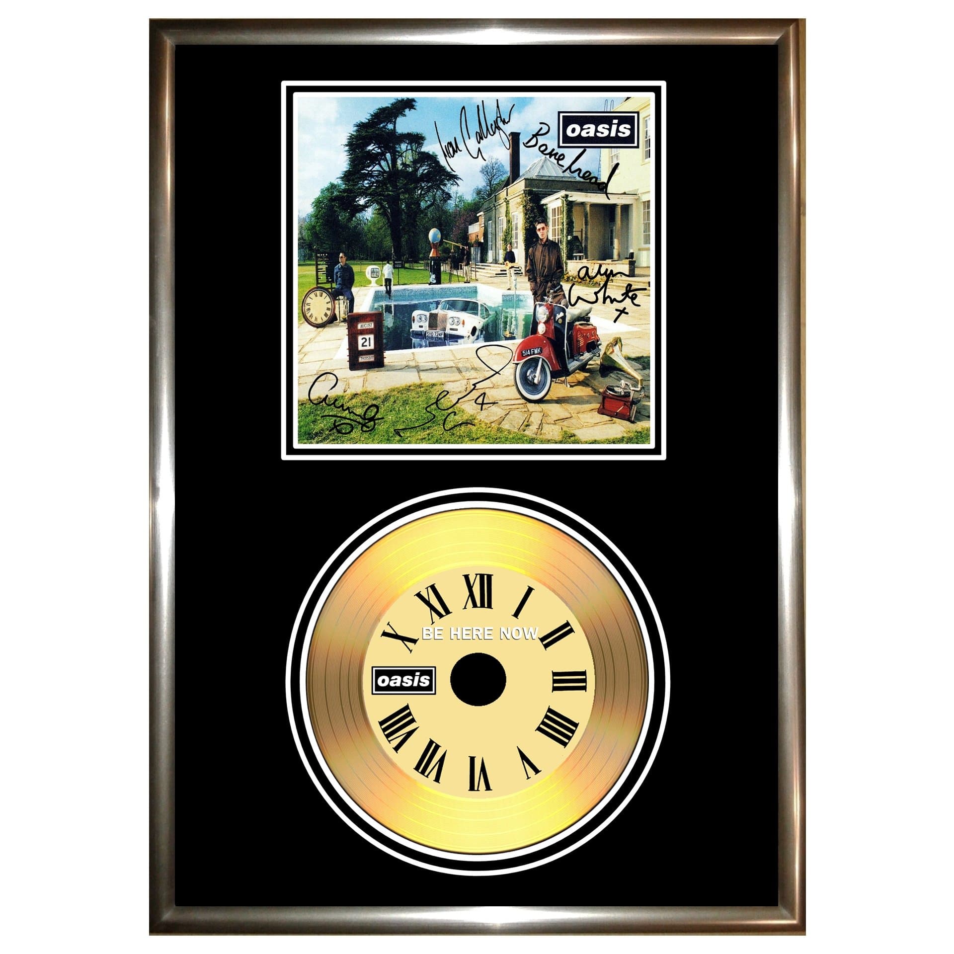 OASIS BE HERE NOW - SIGNED FRAMED GOLD VINYL RECORD CD & PHOTO DISPLAY