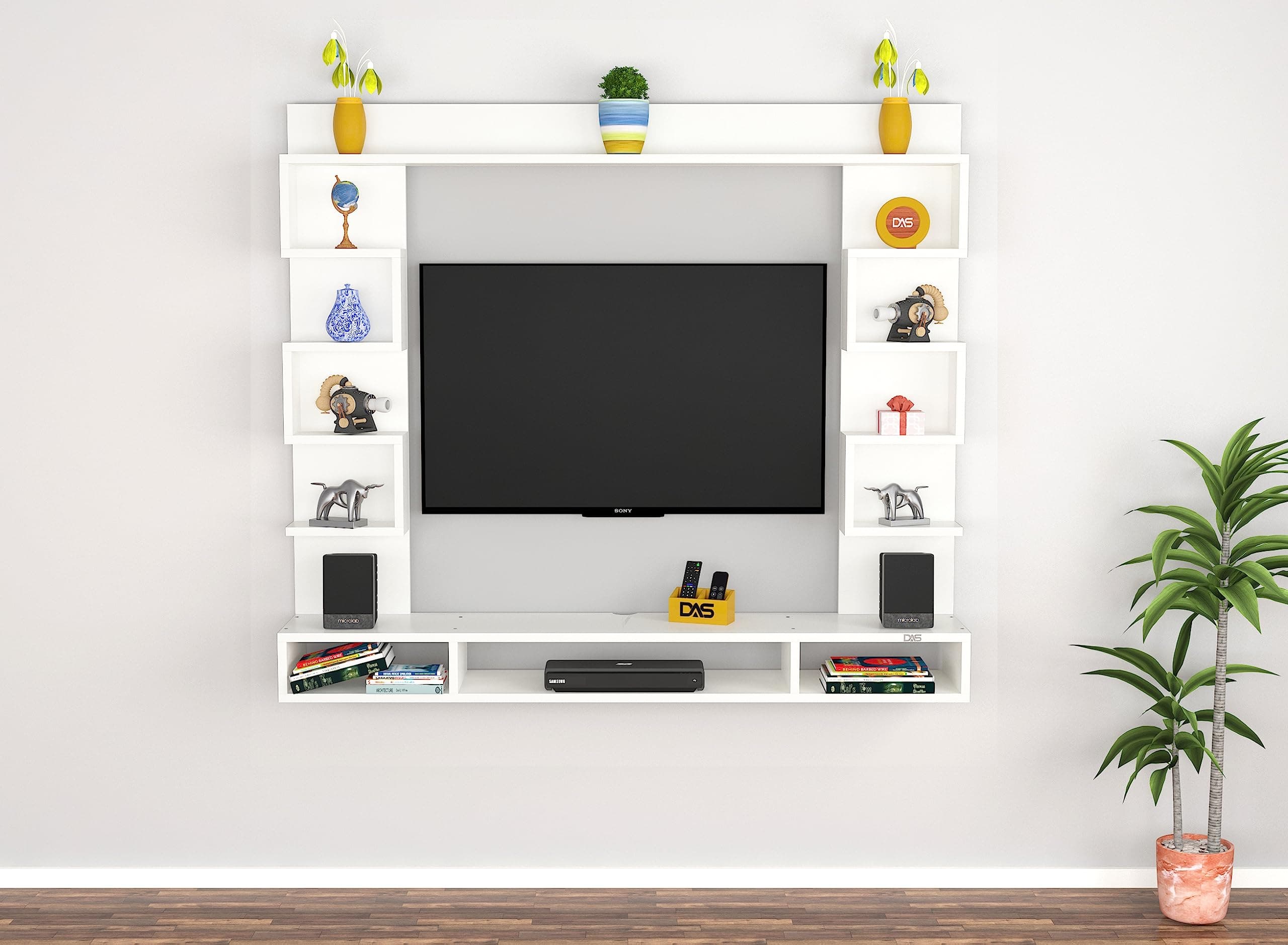 DAS Heller MINI Wall Mount Engineered Wood TV Entertainment Unit/Tv Rack Set to Box Stand with Wall Shelves for Living Room Frosty White Finish (Ideal for up to 32") Screen