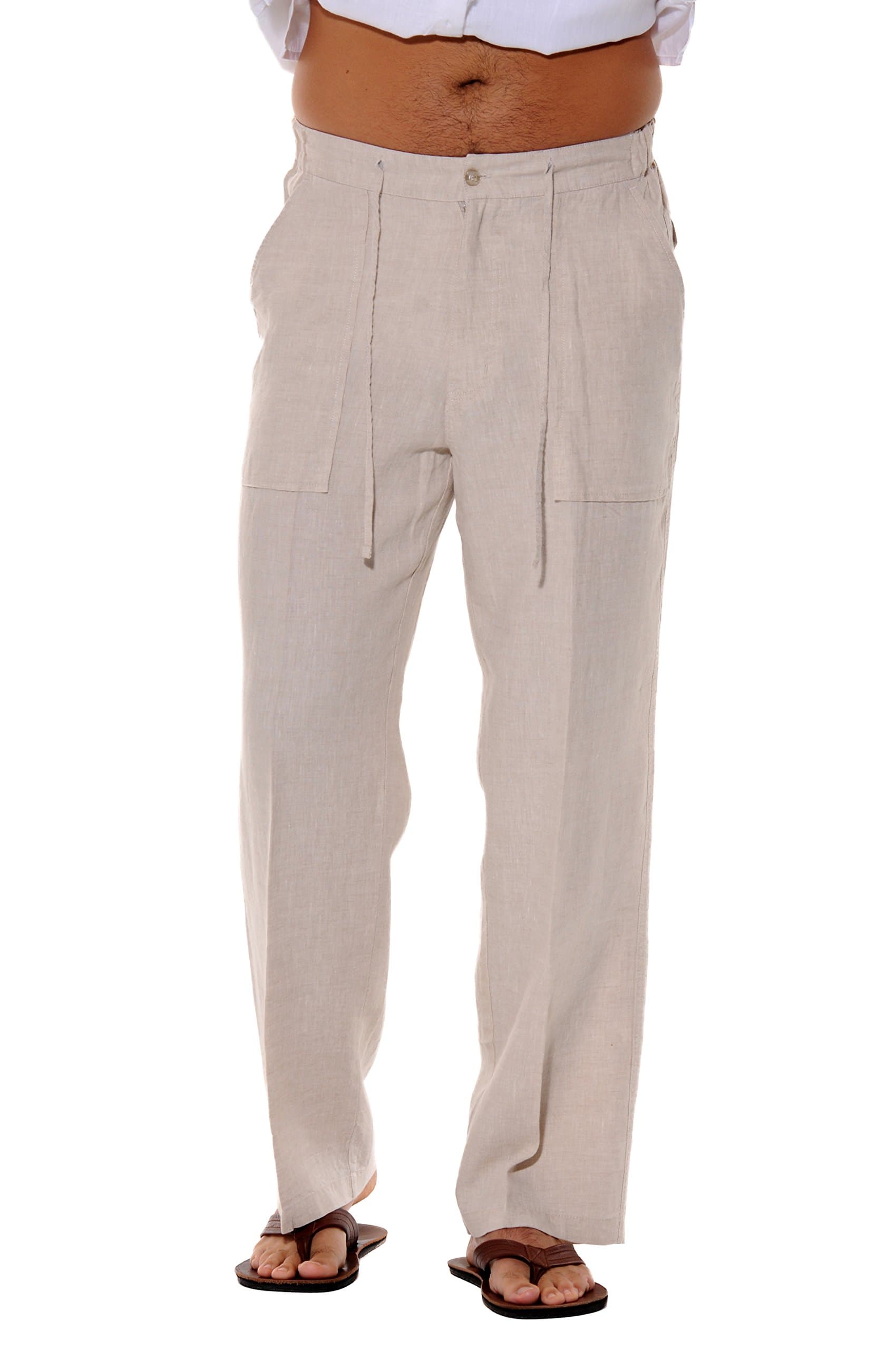 bohio Mens 100% Linen Flat Front Relaxed Fit Drawstring Casual Pants (4) (MLP19-P2)-Natural-XXL