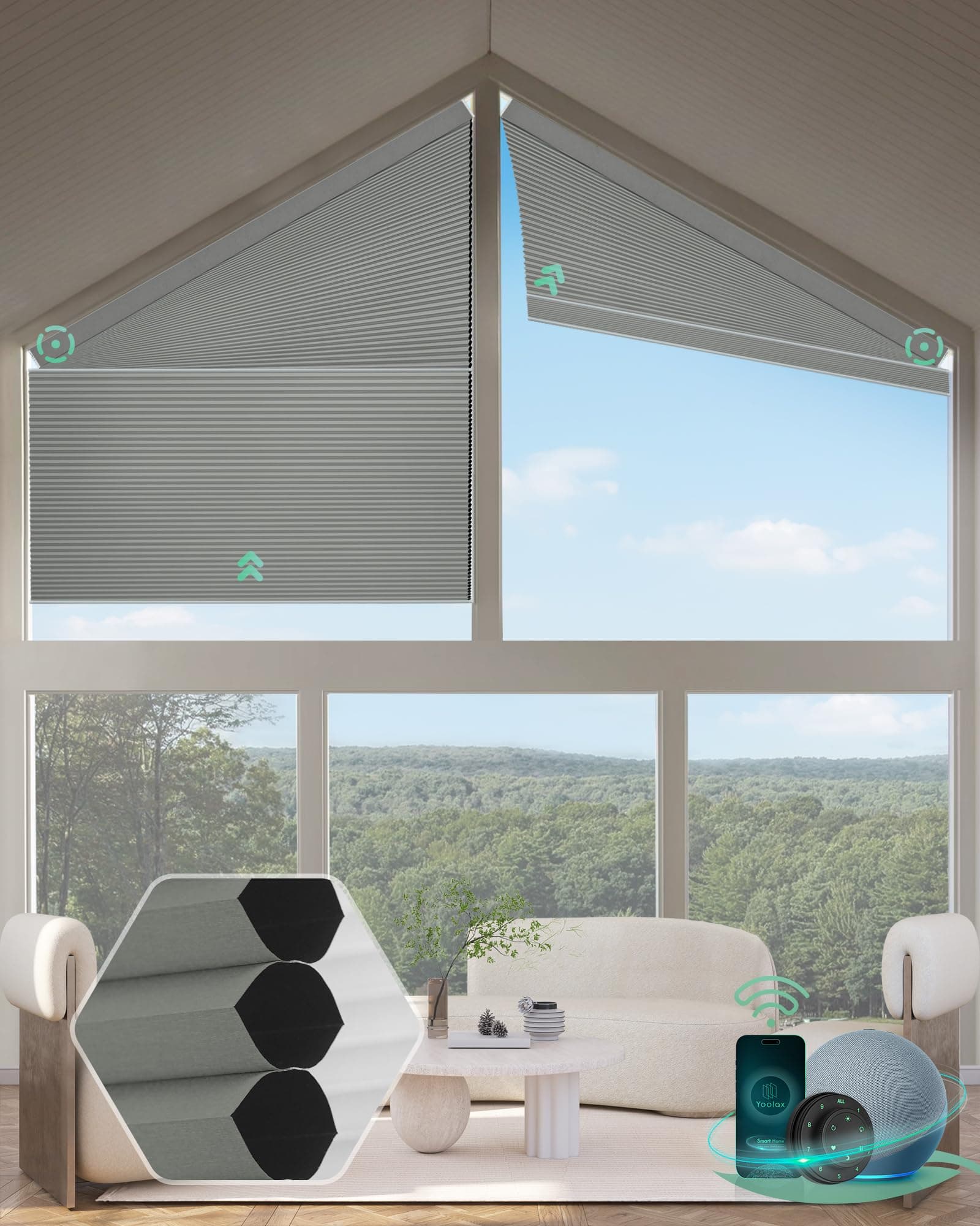 Yoolax Smart Cellular Shades, Motorized Right Trapezoid Honeycomb Blinds Motorized Blinds with Remote Compatible with Alexa, Customized Isosceles Trapezoid Window Shades (Blackout Dark Grey)
