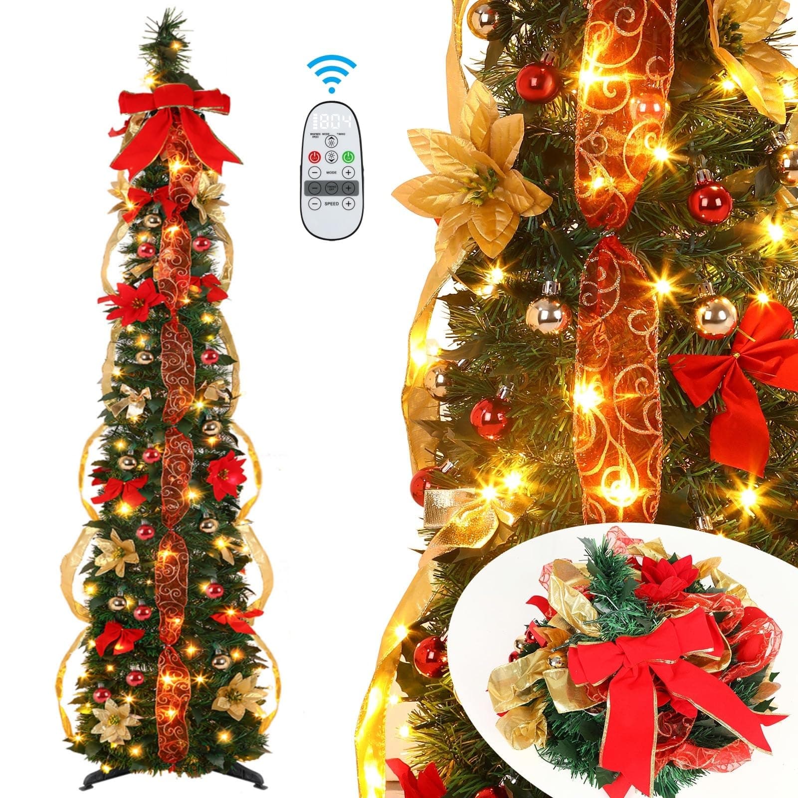 Alupssuc 6.5FT Pop Up Christmas Tree with Lights, Pre-Lit Christmas Tree with 100 Warm White & Multi-Color Lights, Xmas Tree with Xmas Balls, Bows and Flowers Decorations, 8 Light Modes, Easy Assembly