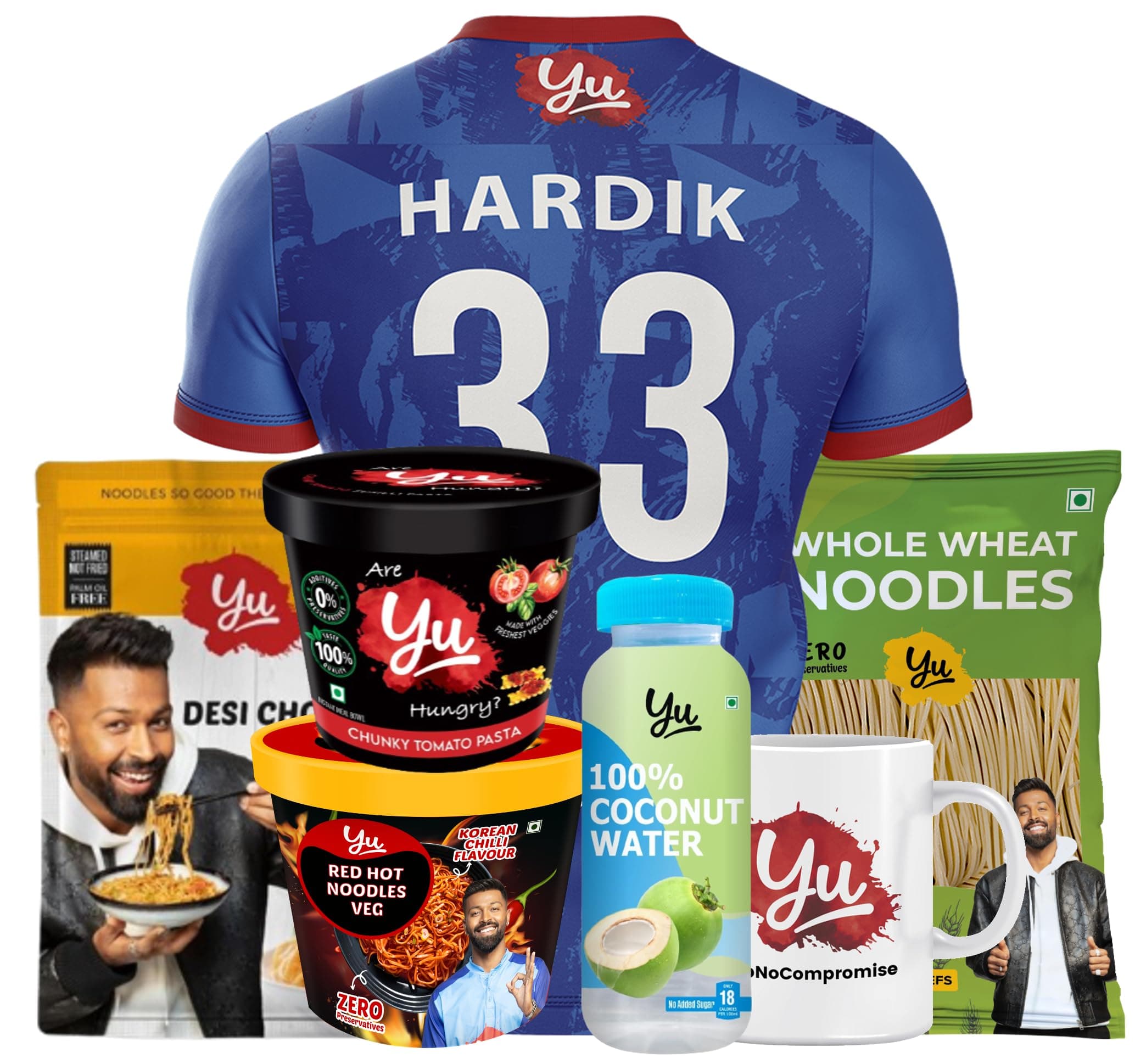 Yu - Assorted Hamper - 7 Products - Hardik Pandya Signed Jersey + Coffee Mug + Whole Wheat Noodles + Desi Chowmein + Red Hot Noodles + Tomato Pasta + Coconut Water - Premium Gift - 100% Veg
