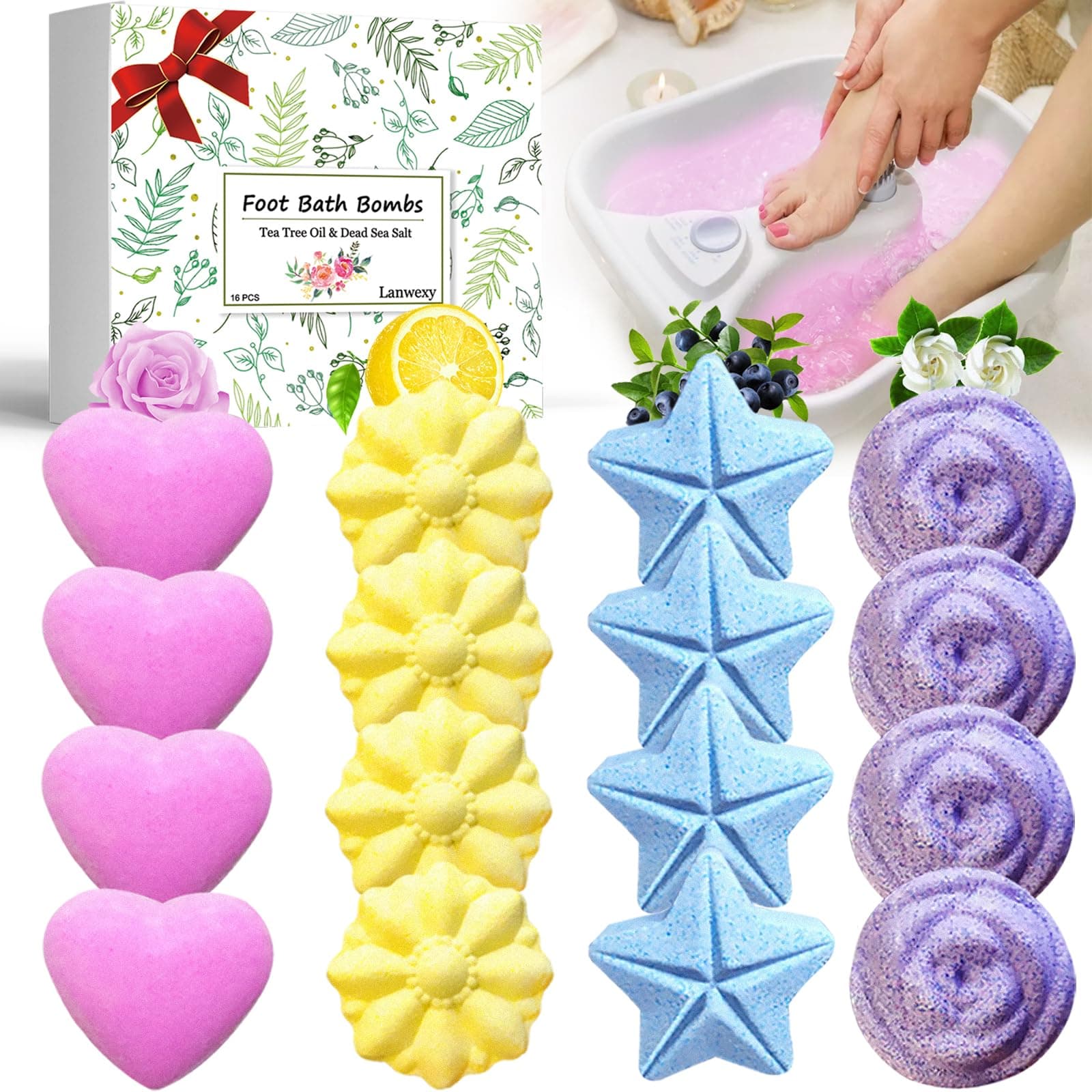Lanwexy Bath Foot Bombs, 16 Pack Foot Soak with Bath Salt and Tea Tree Oil. Organic Natural Handmade Aroma Pure Essential Oil Bubble Foot Balls for Foot Callus, Dry Cracked, Stubborn Foot Odor Scent.
