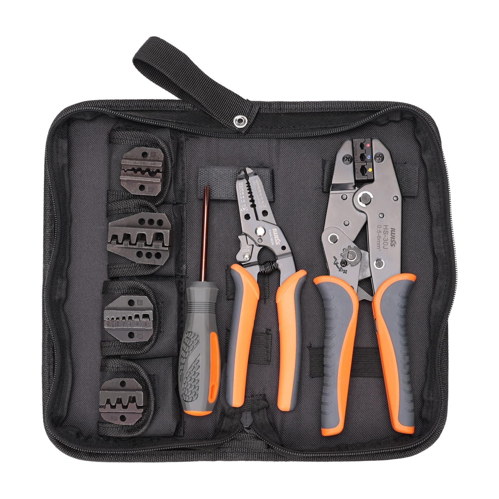 IWISS iCrimp Ratchet Wire Crimping tool kit w/ 5 Interchangeable Jaws,Wire Striper&Cutter for Insulated and Non-Insulated Terminals 0.5-35mm ² Oxford bag packing