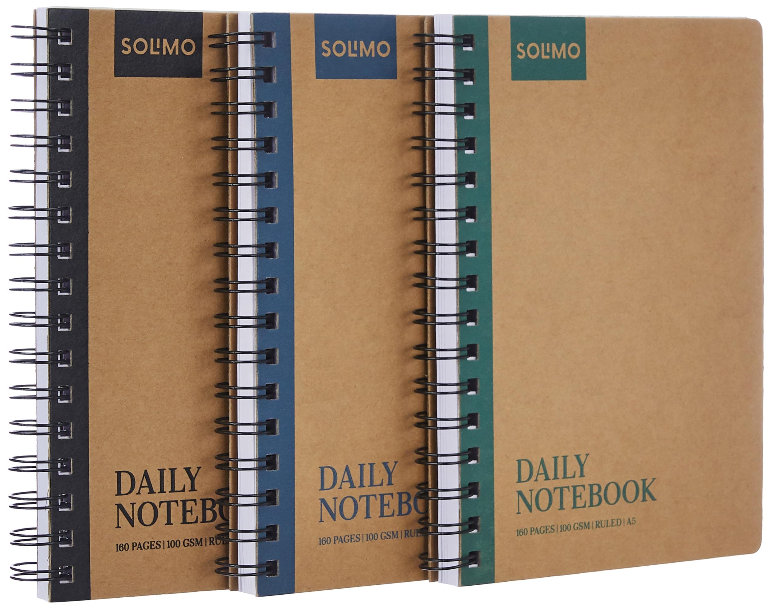 Amazon Brand - Solimo Notebooks, Spiral-Bound, Kraft Cover, Lightweight, Pleasing Designs (A5, 160 Pages, 100 GSM, Set of 3)