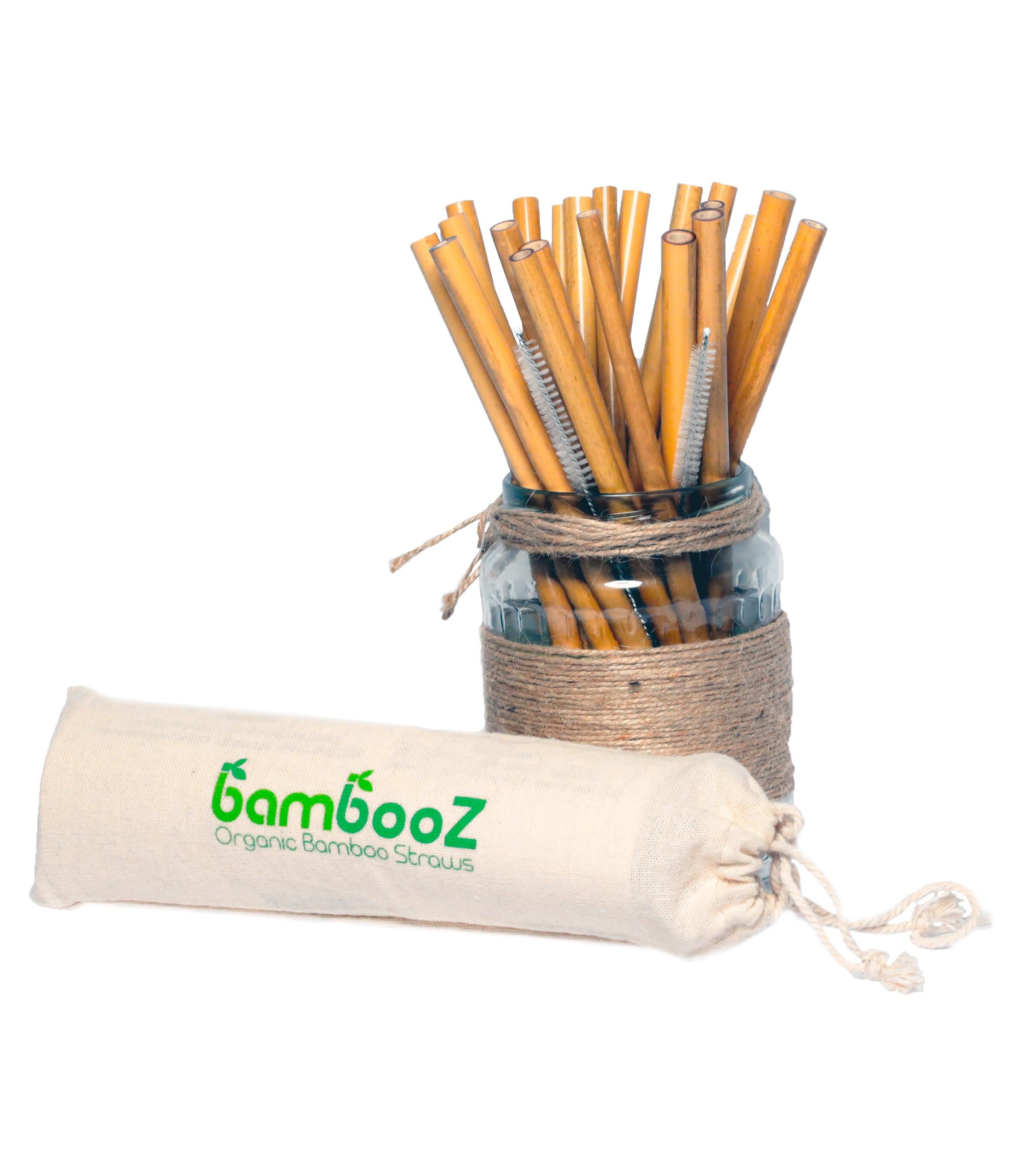 24 Bamboo Drinking Straws | ECO Friendly and Biodegradable | Organic Hand Made – Alternative to Plastic Straws Includes 2 Cleaning Brushes, Jute Pouch and Instructions