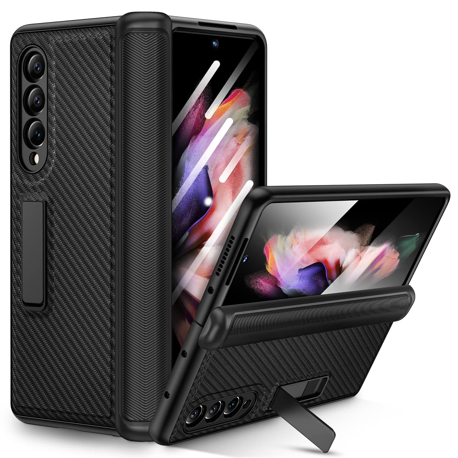 Ruky Kickstand Case for Galaxy Z Fold 3, Hinge Protection & Built-in Screen Protector, Full Body Cases PU Leather Stand Phone Case for Samsung Galaxy Z Fold 3 5G, Carbon Fiber