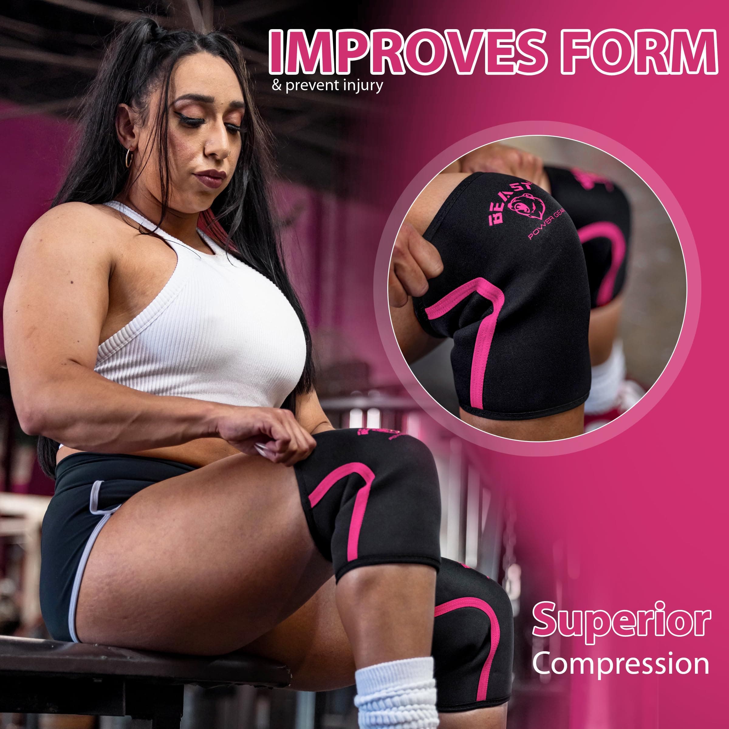 Beast Power Gear Neoprene Compression Knee Sleeves 7MM Support for Squats, Gym CrossFit Training, Powerlifting, Weightlifting, Wrestling for Men & Women (Black/Pink, X-Small)