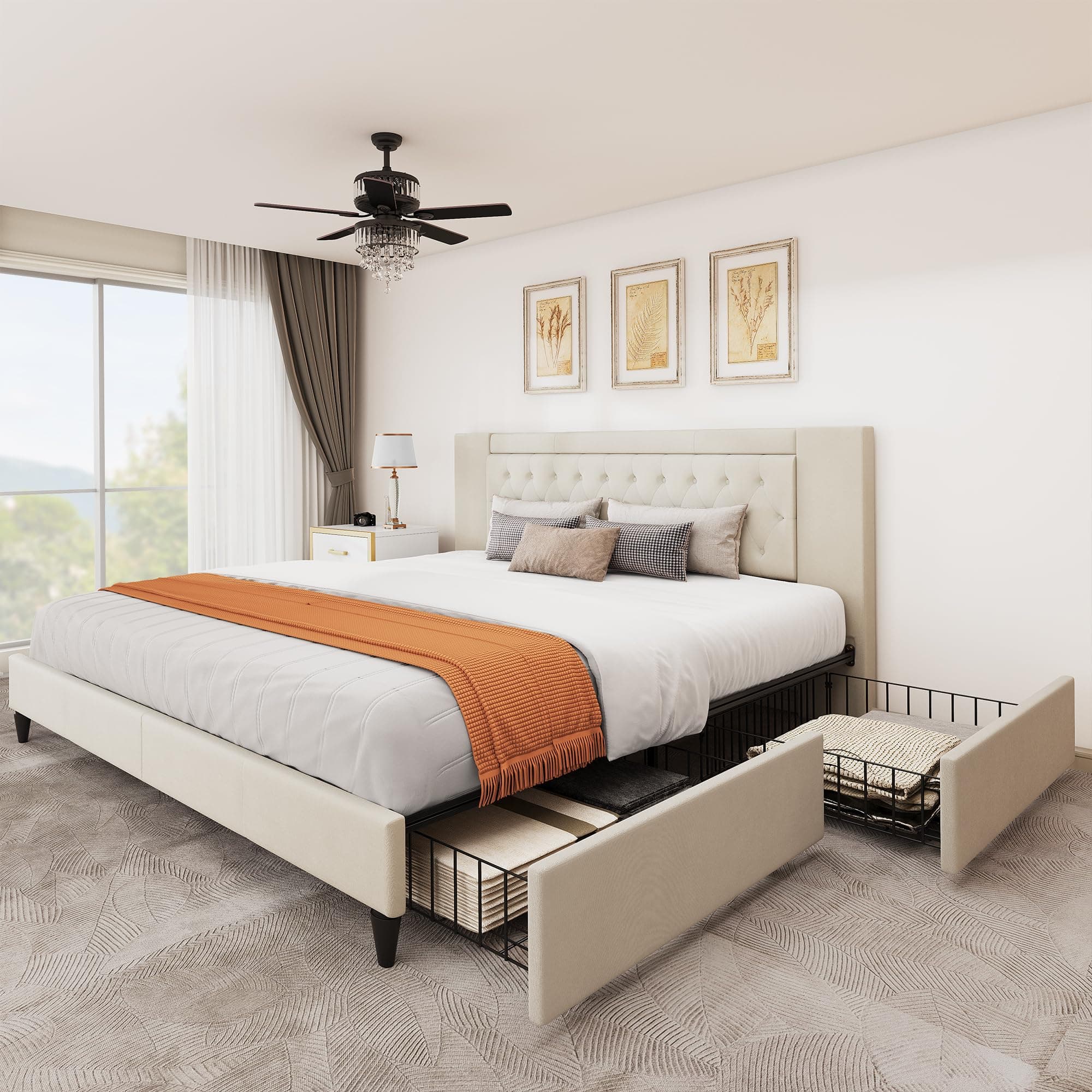 YITAHOME King Size Bed Frame, Storage Bed Frame with 4 Drawers & Diamond Button Tufted Headboard, Upholstered Modern Platform Bed with Wood Slat Support, No Box Spring Needed (Beige)