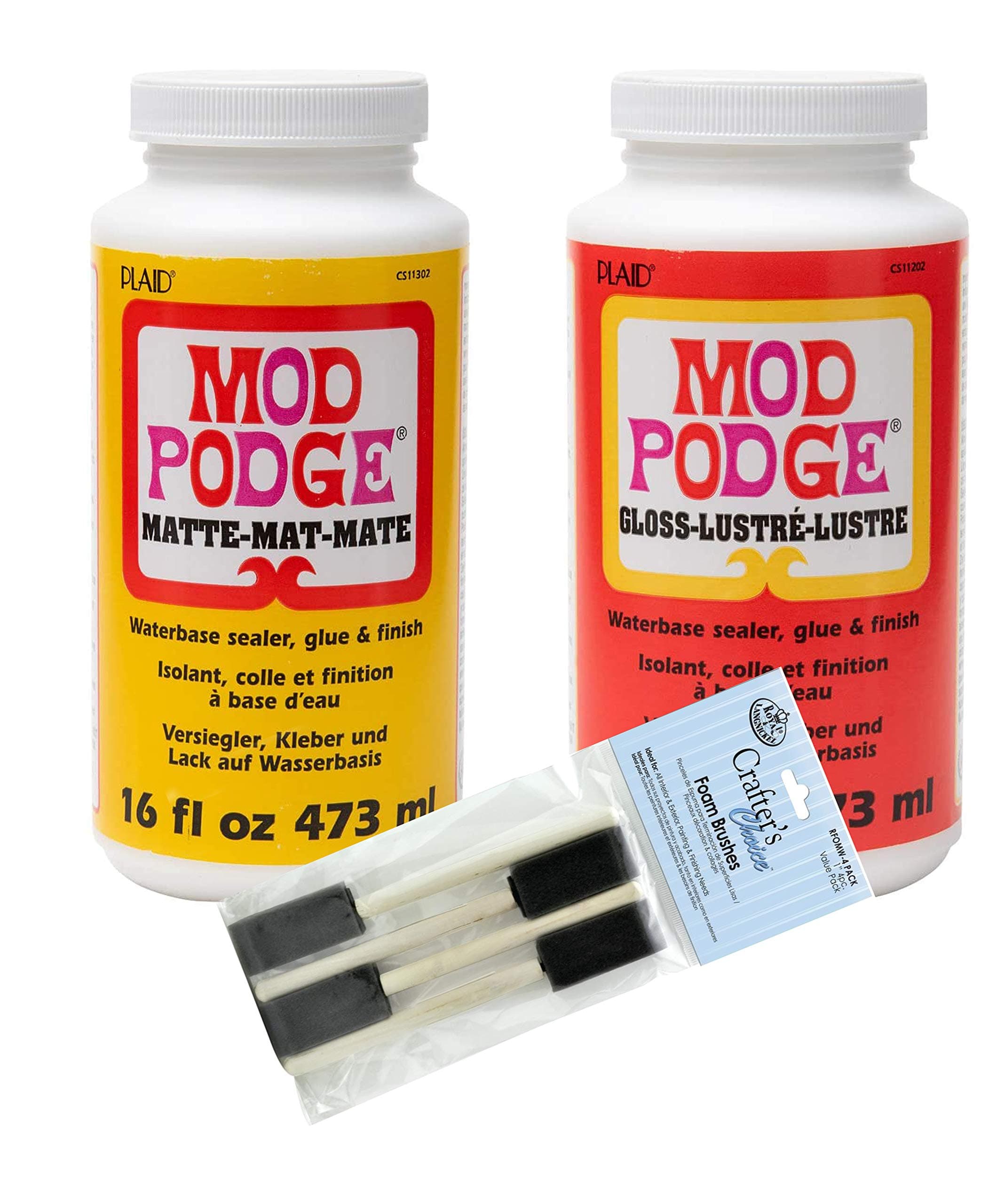 Mod Podge Complete Decoupage Kit-Two 16oz Bottles Waterbase Sealer/Glue (Matte Gloss Finish) with 4-pk Foam Brush Set, Clear