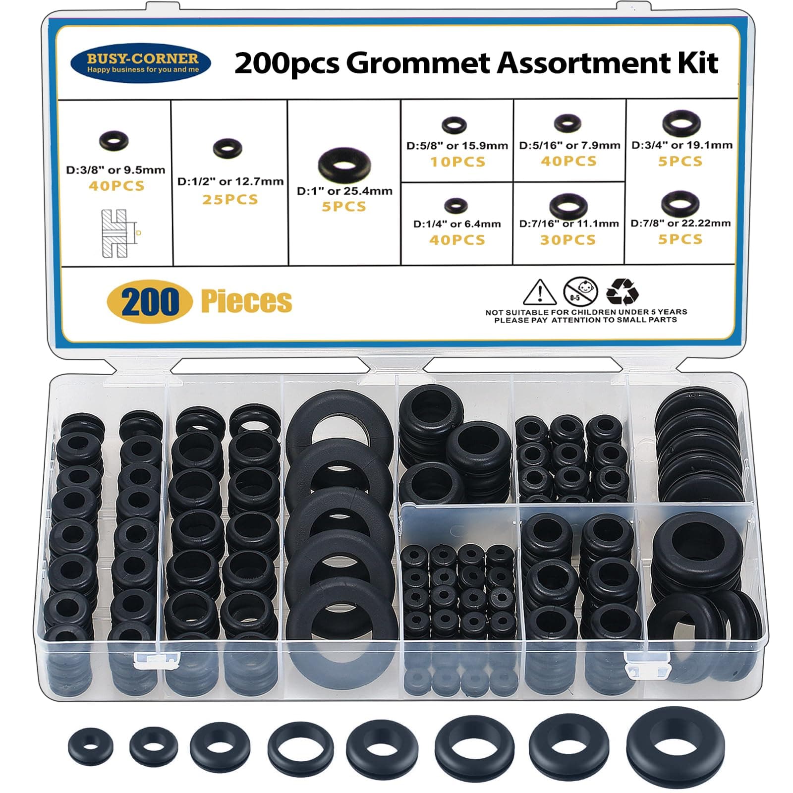 200 PCS Hollow Rubber Grommet Firewall Hole Plug Assortment, Rubber Grommet kit 1/4", 5/16", 3/8", 7/16", 1/2", 5/8", 3/4'', 7/8", 1''
